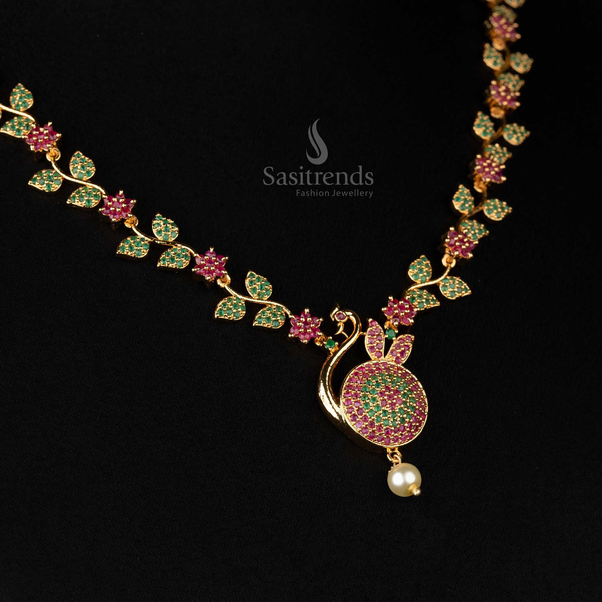 Elegant Micro Gold Plated Peacock Pendant Necklace Jewellery Set with Pearl Drop -Sasitrends - Image 6