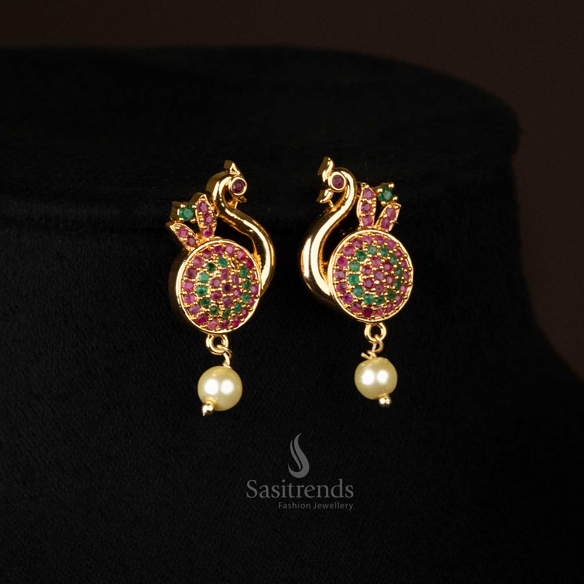 Elegant Micro Gold Plated Peacock Pendant Necklace Jewellery Set with Pearl Drop -Sasitrends - Image 7