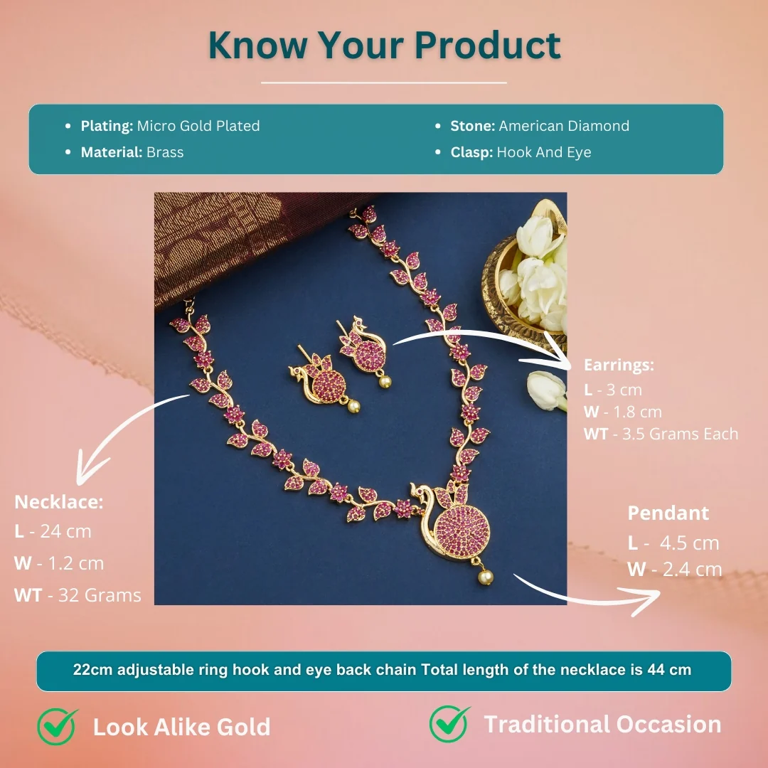 Elegant Micro Gold Plated Peacock Pendant Necklace Jewellery Set with Pearl Drop -Sasitrends - Image 8