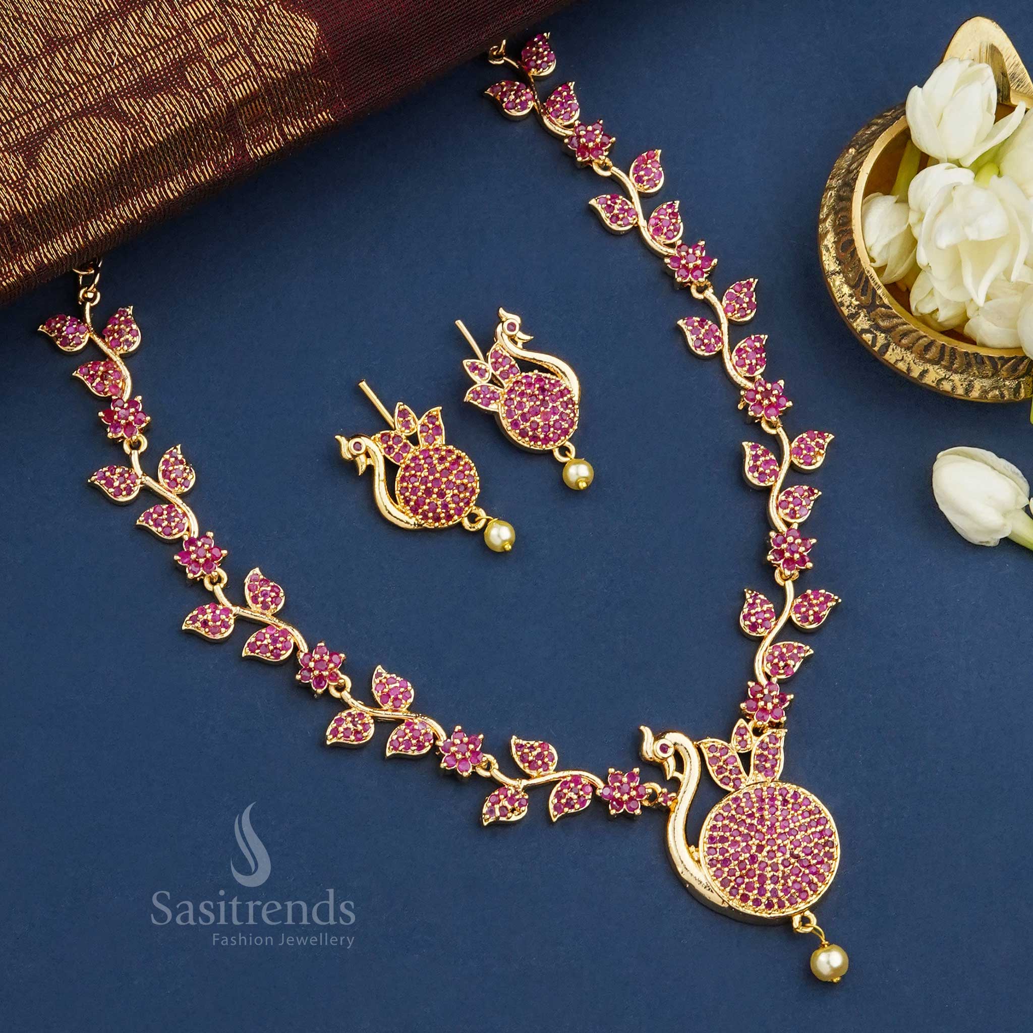 Elegant Micro Gold Plated Peacock Pendant Necklace Jewellery Set with Pearl Drop -Sasitrends - Image 9
