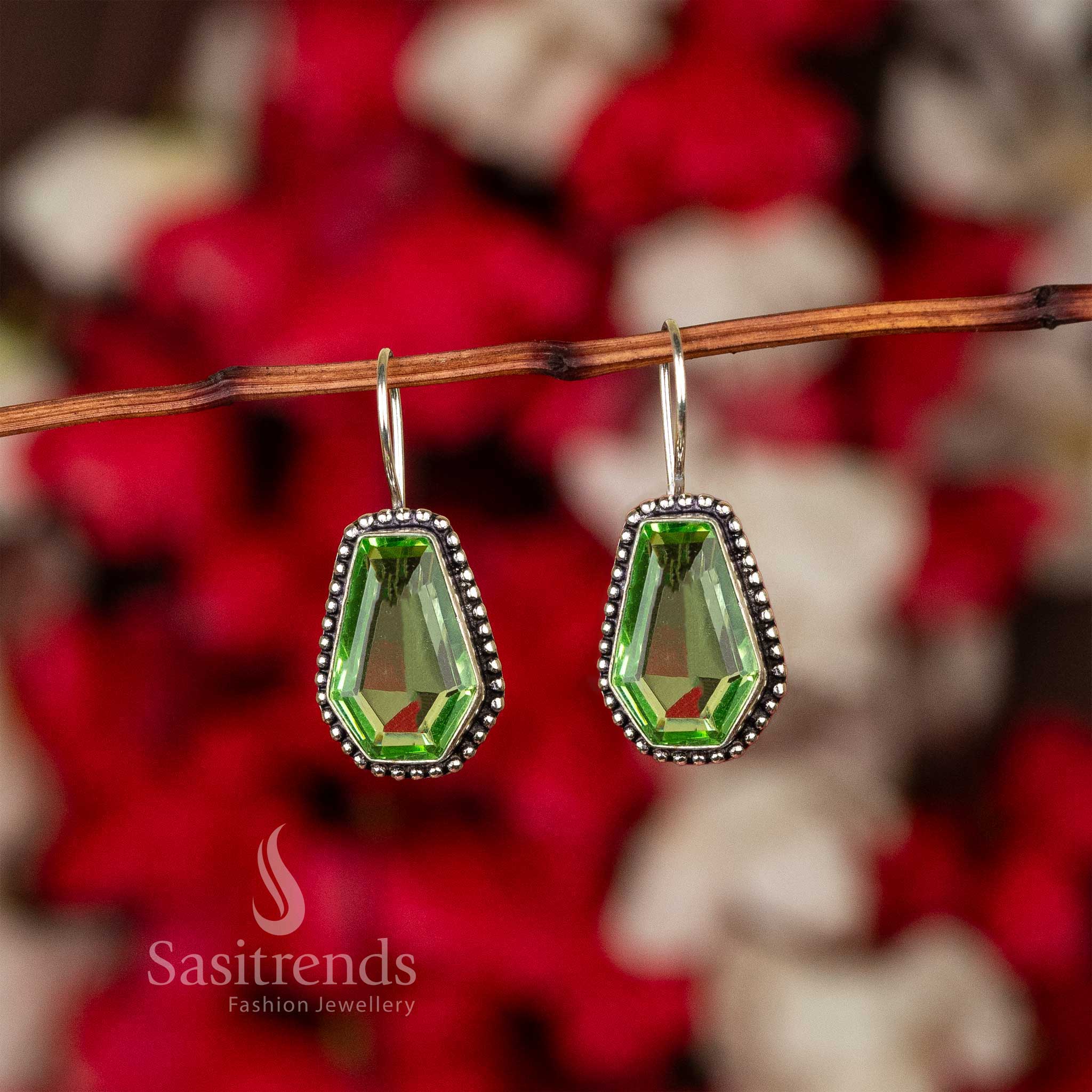 Sophisticated Emerald Cut Gemstone Oxidised Earrings - Sasitrends - Image 2