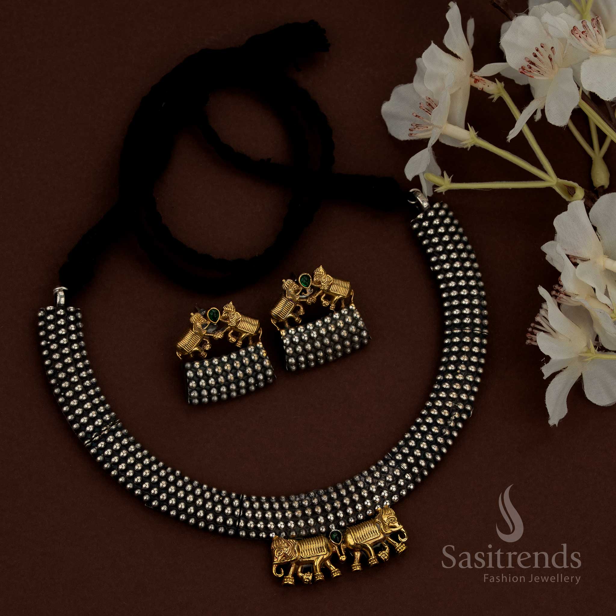 Oxidised Silver Plated Dual Tone Tribal Elephant Gaja Motif Husli Choker Necklace Set for Navaratri & Ethnic Wear - Image 2
