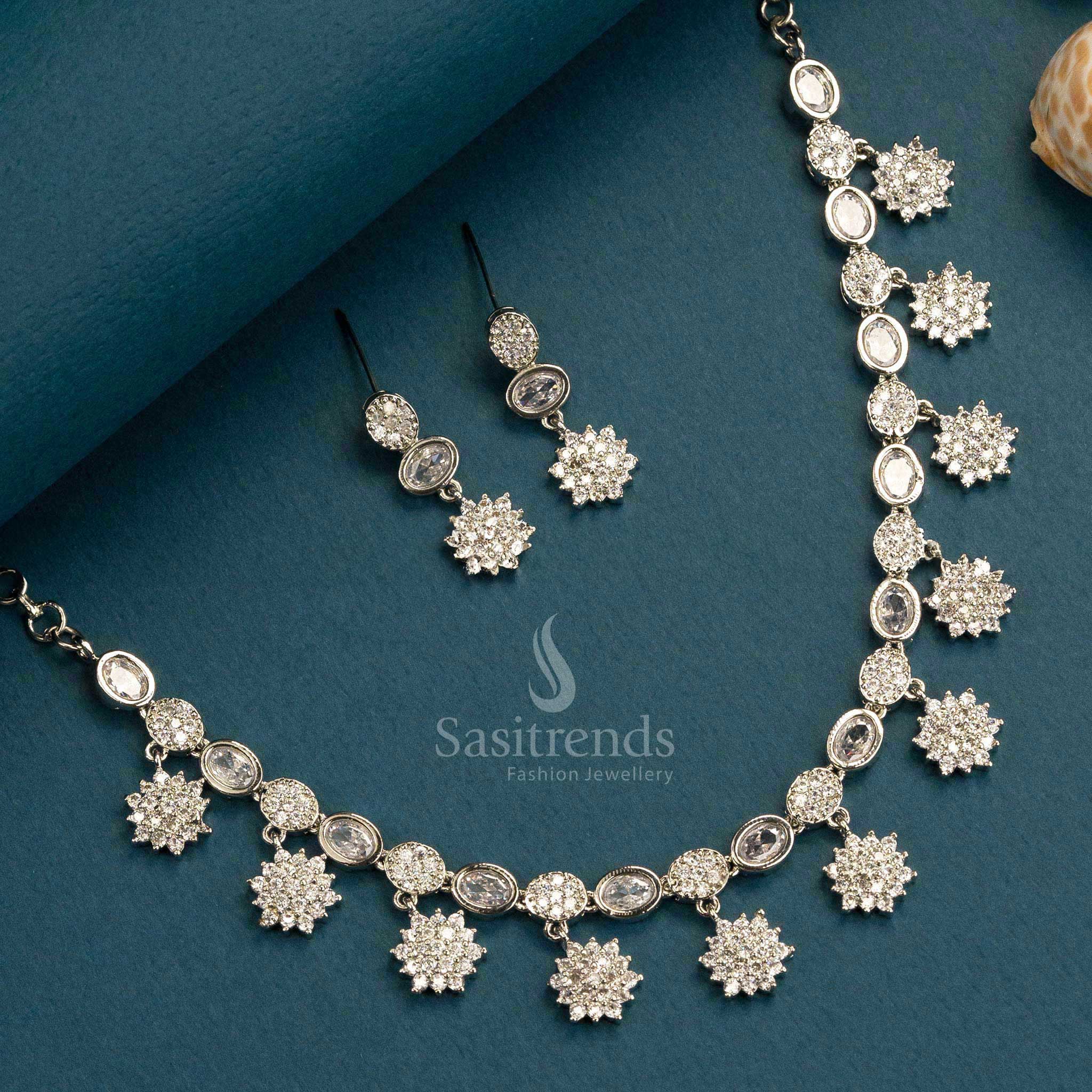 Trendy Party Wear Rhodium Silver And Rose Gold Plated Floral Necklace Jewellery Set and American Diamond Stones for Women - Online Shopping - Image 13