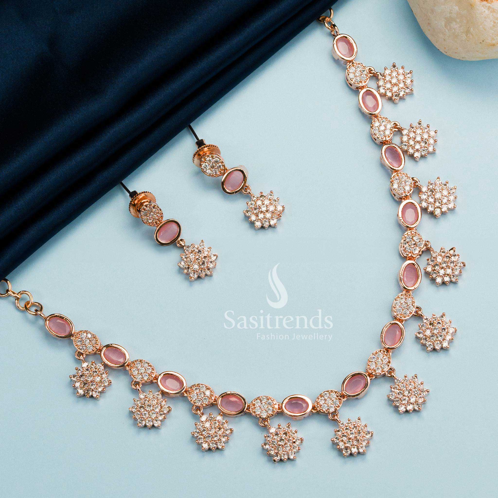 Trendy Party Wear Rhodium Silver And Rose Gold Plated Floral Necklace Jewellery Set and American Diamond Stones for Women - Online Shopping - Image 14