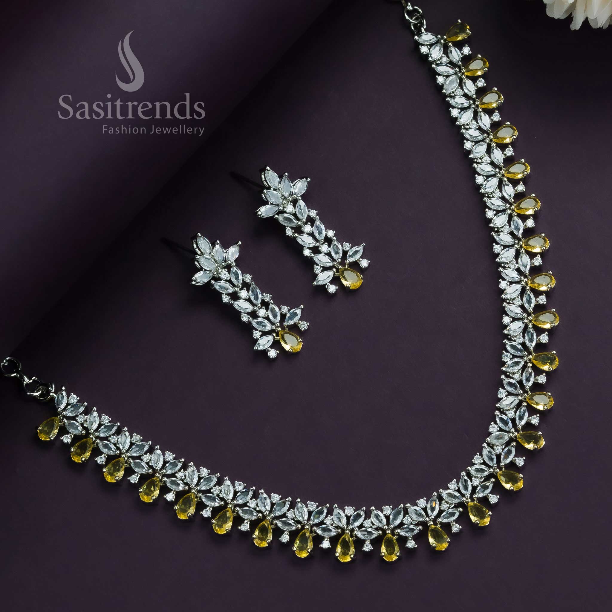 New Arrival: Rhodium Silver And Rose Gold Plated Floral Necklace Jewelllery Set with American Diamond Stones for Women – Party Wear Collection - Sasitrends - Image 3