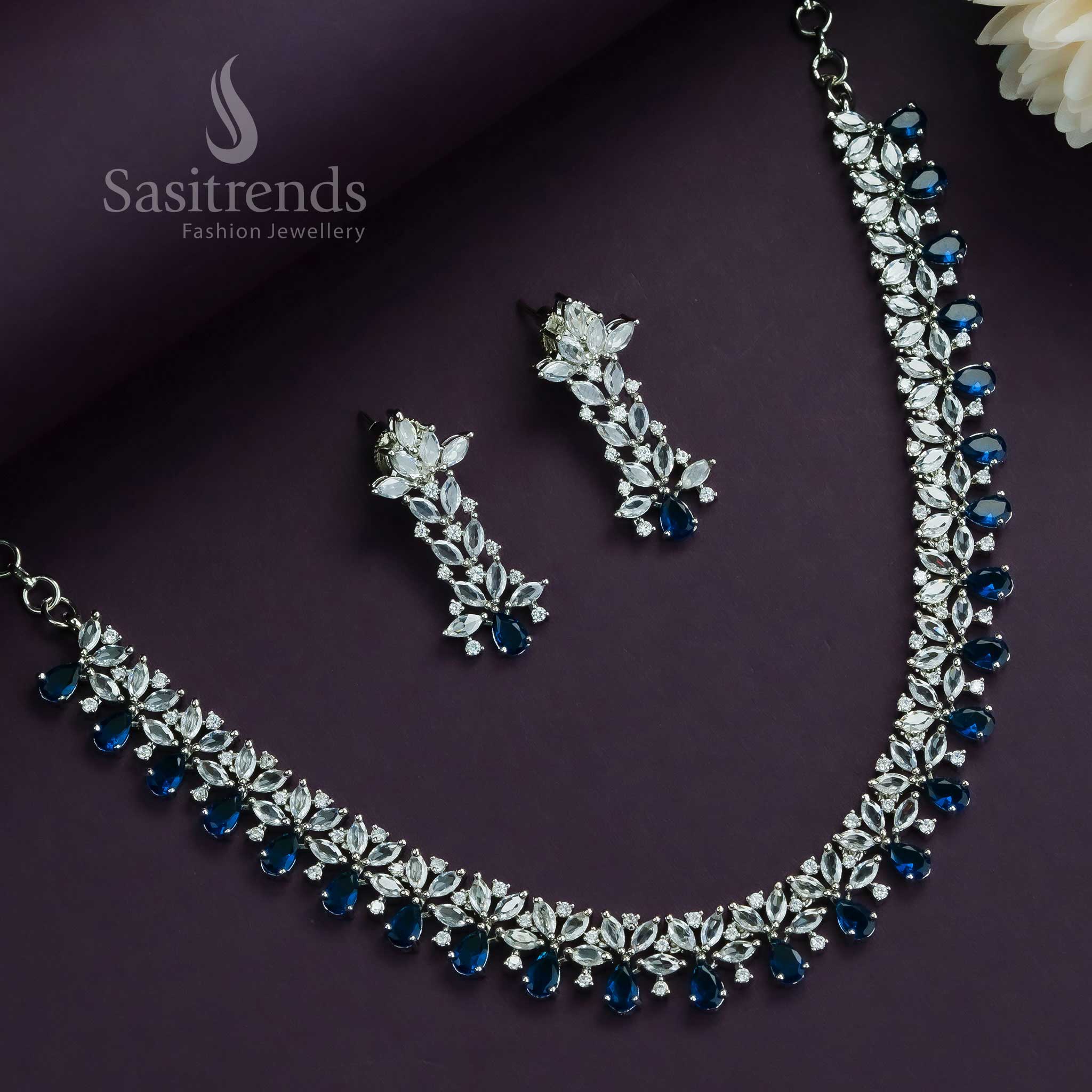 New Arrival: Rhodium Silver And Rose Gold Plated Floral Necklace Jewelllery Set with American Diamond Stones for Women – Party Wear Collection - Sasitrends - Image 7