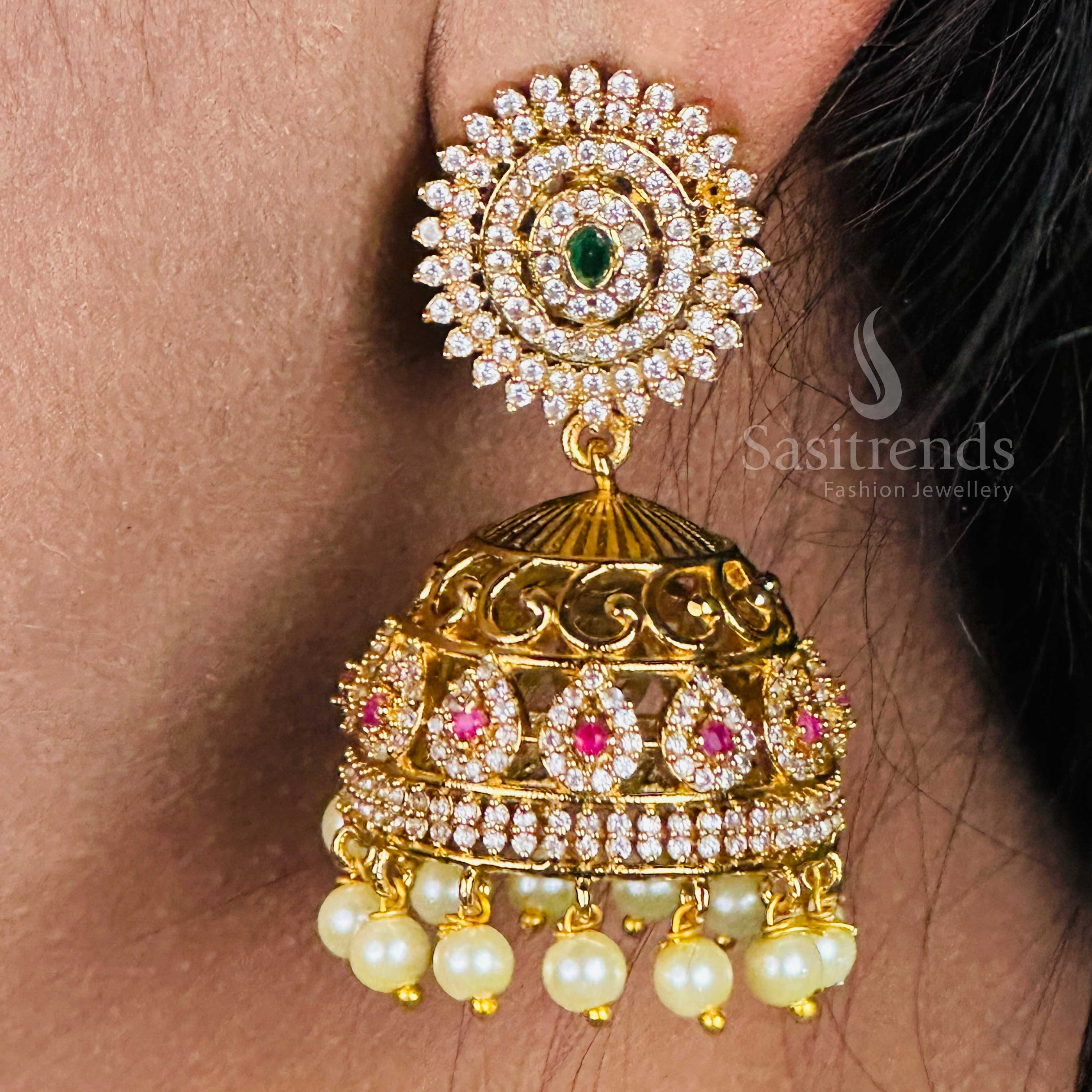 Glamorous Charms Temple Matte Gold Finish AD Stone and Pearl Hangings Jhumka Earrings | Sasitrends - Image 3