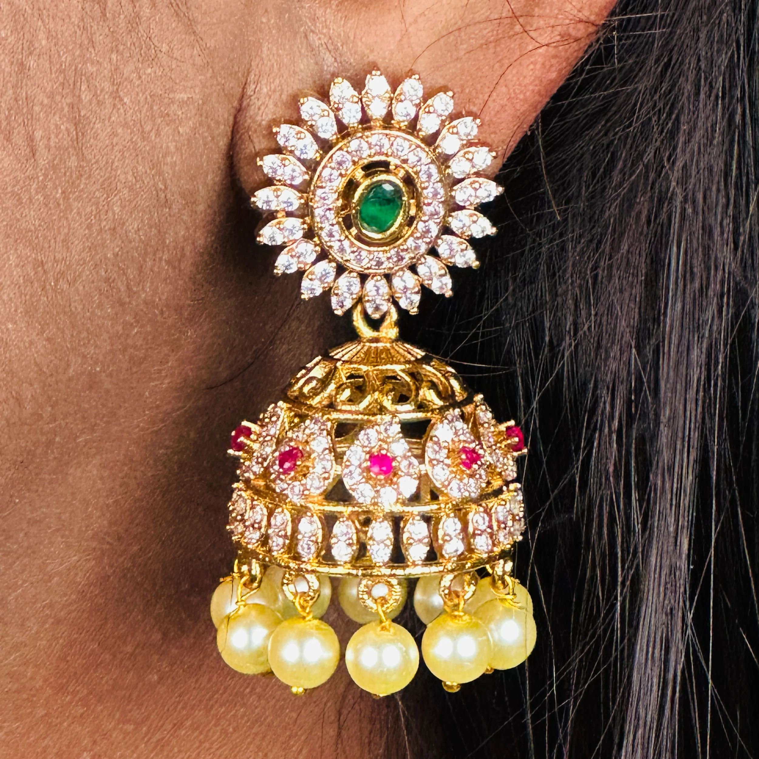 Glamorous Charms Temple Matte Gold Finish AD Stone and Pearl Hangings Jhumka Earrings | Sasitrends - Image 4