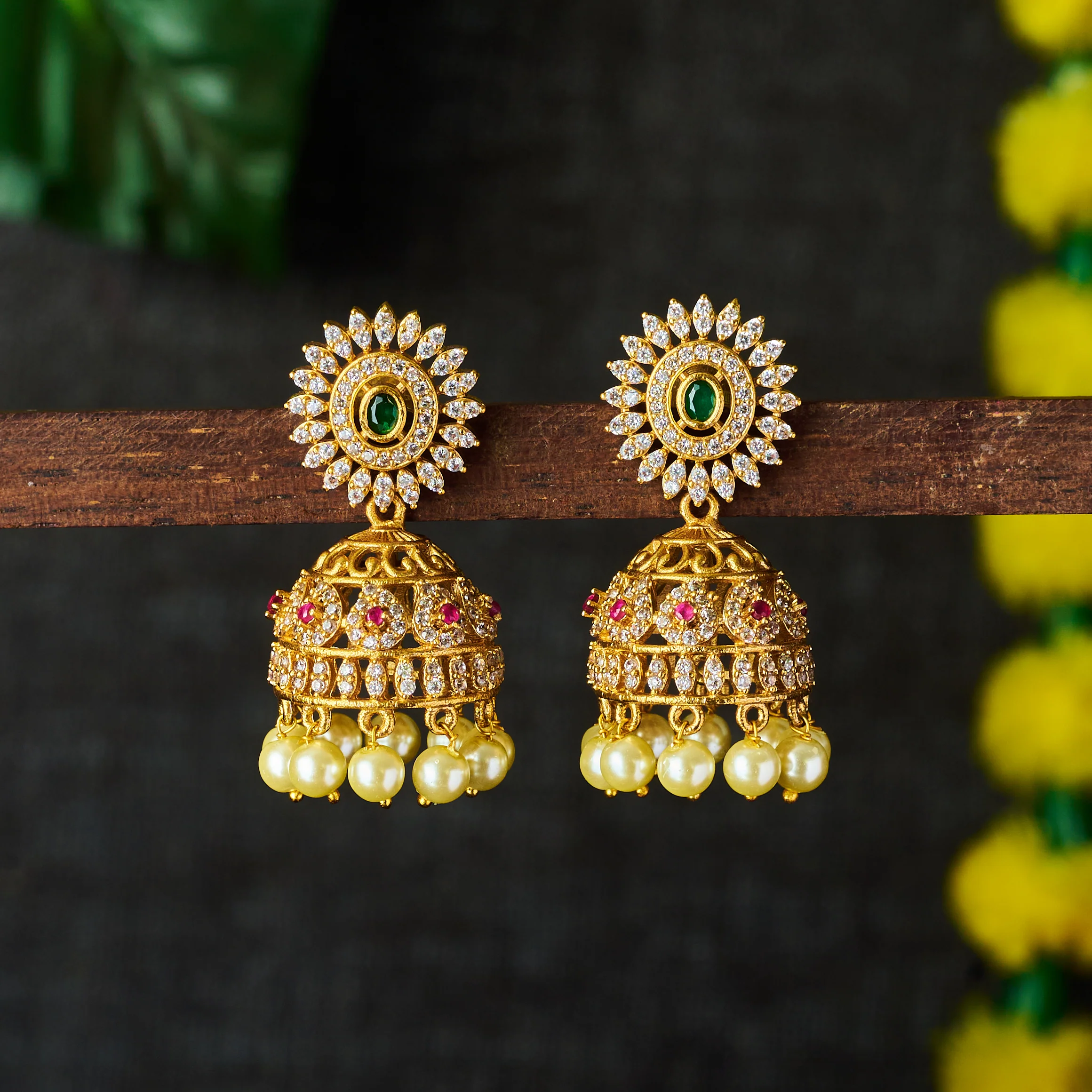 Glamorous Charms Temple Matte Gold Finish AD Stone and Pearl Hangings Jhumka Earrings | Sasitrends - Image 5