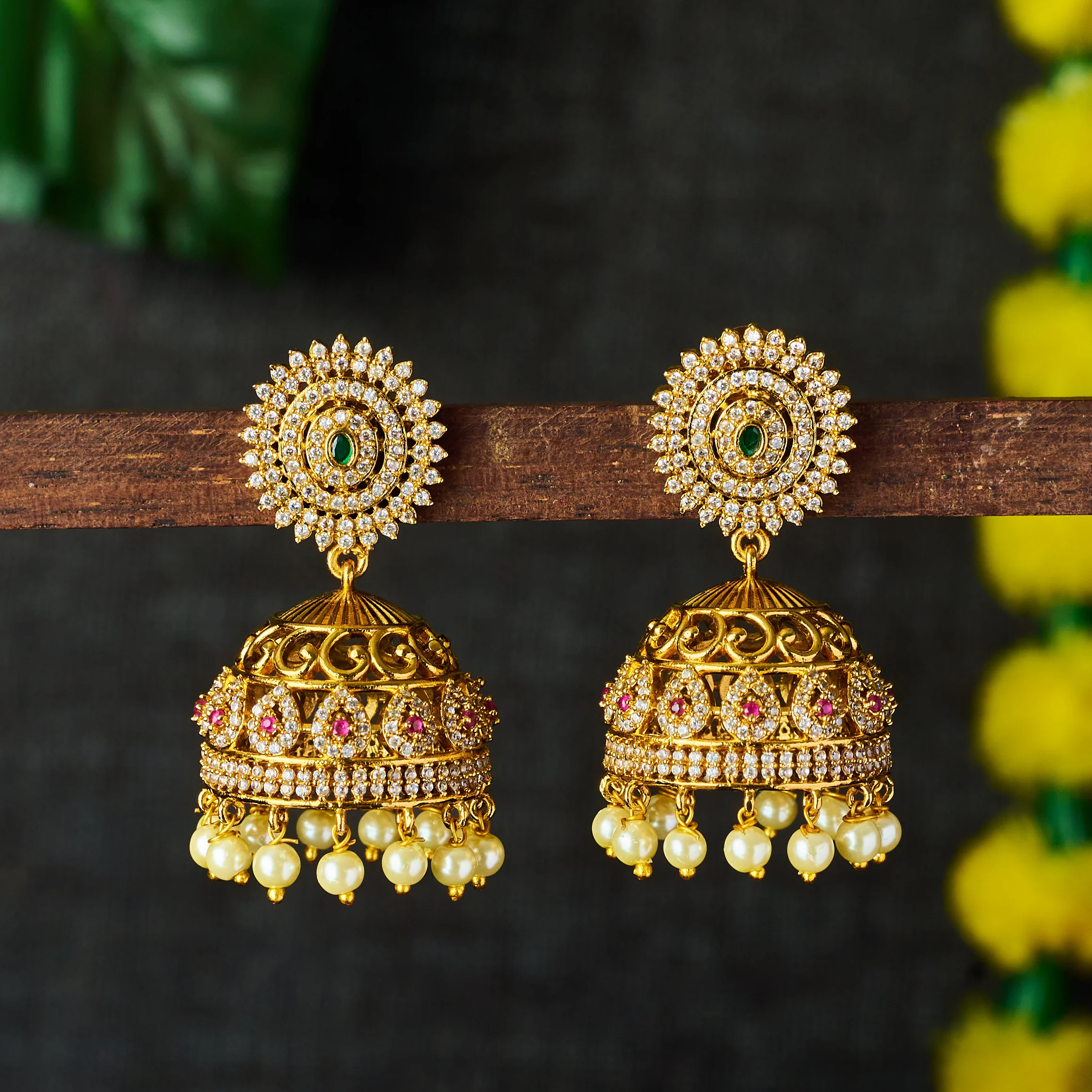 Glamorous Charms Temple Matte Gold Finish AD Stone and Pearl Hangings Jhumka Earrings | Sasitrends - Image 6