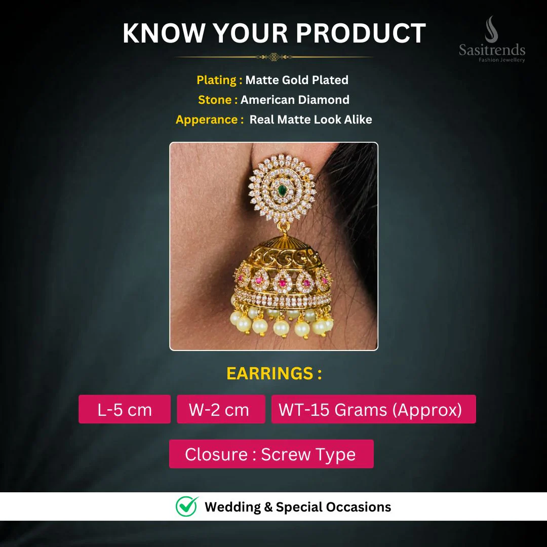 Glamorous Charms Temple Matte Gold Finish AD Stone and Pearl Hangings Jhumka Earrings | Sasitrends - Image 7
