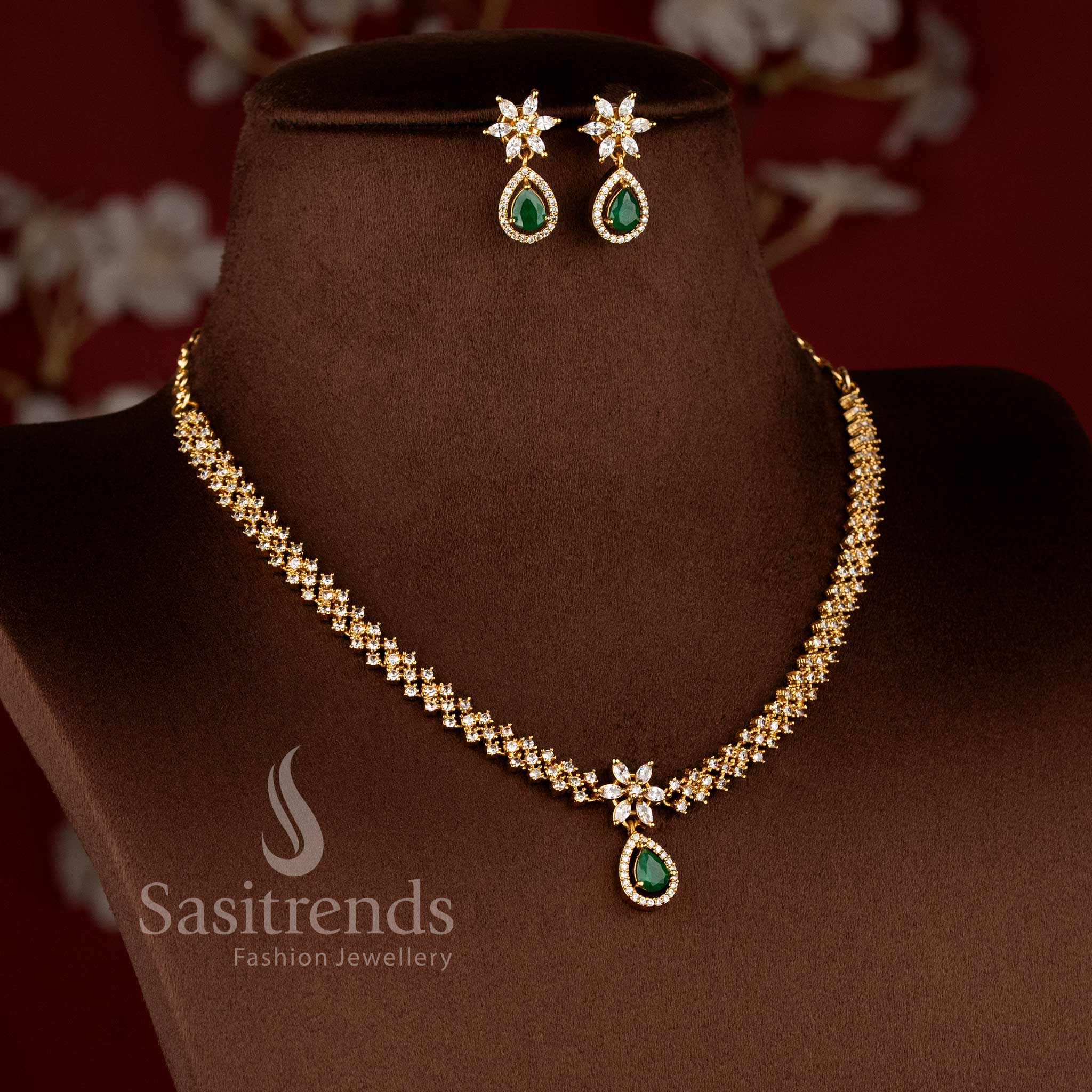 Princess-Inspired Matte Gold Plated Necklace Jewellery Set with American Diamond Stones | Sasitrends - Image 3