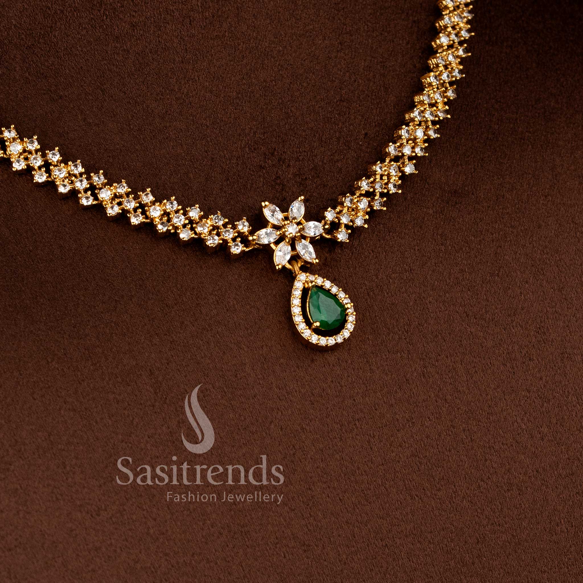 Princess-Inspired Matte Gold Plated Necklace Jewellery Set with American Diamond Stones | Sasitrends - Image 5