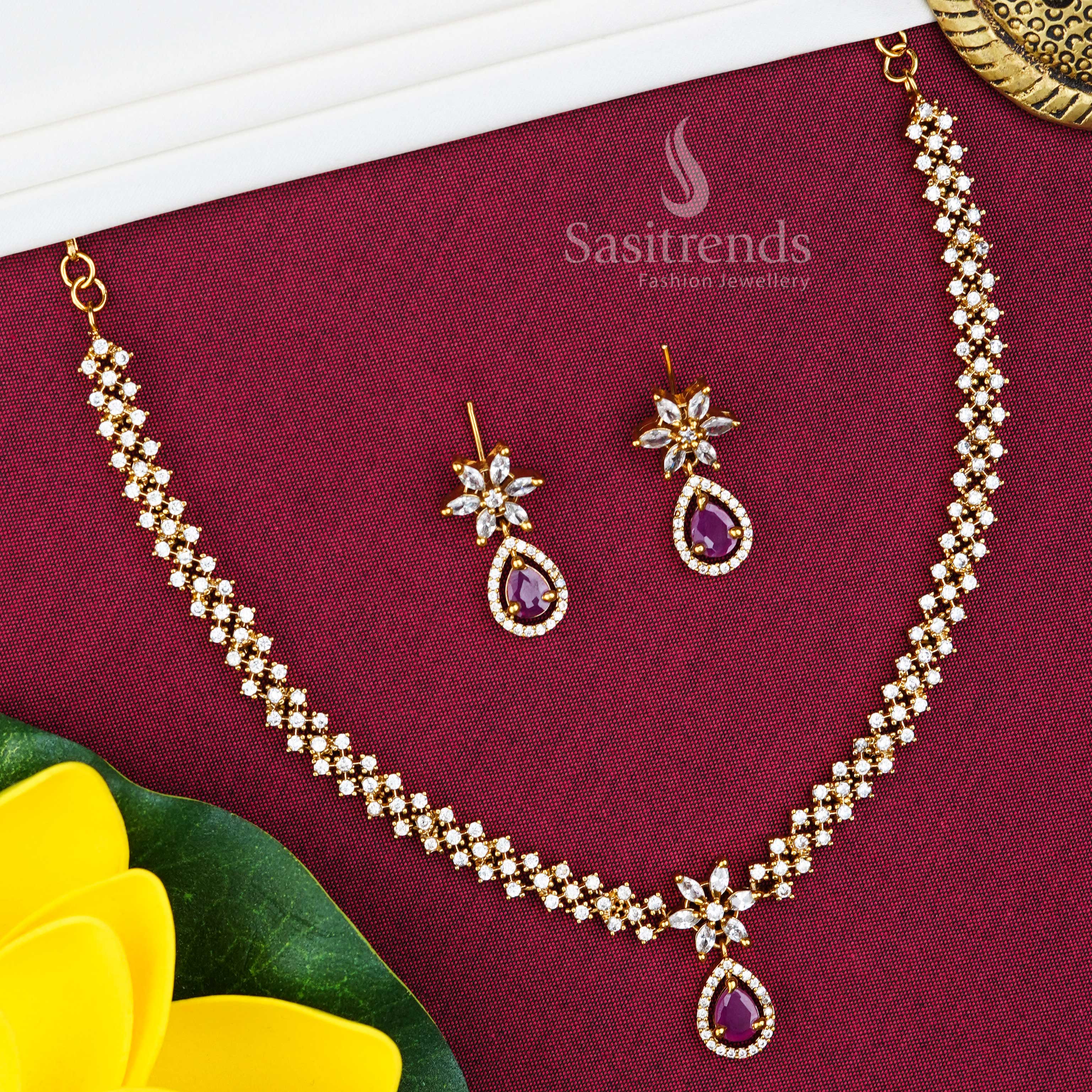 Princess-Inspired Matte Gold Plated Necklace Jewellery Set with American Diamond Stones | Sasitrends - Image 9