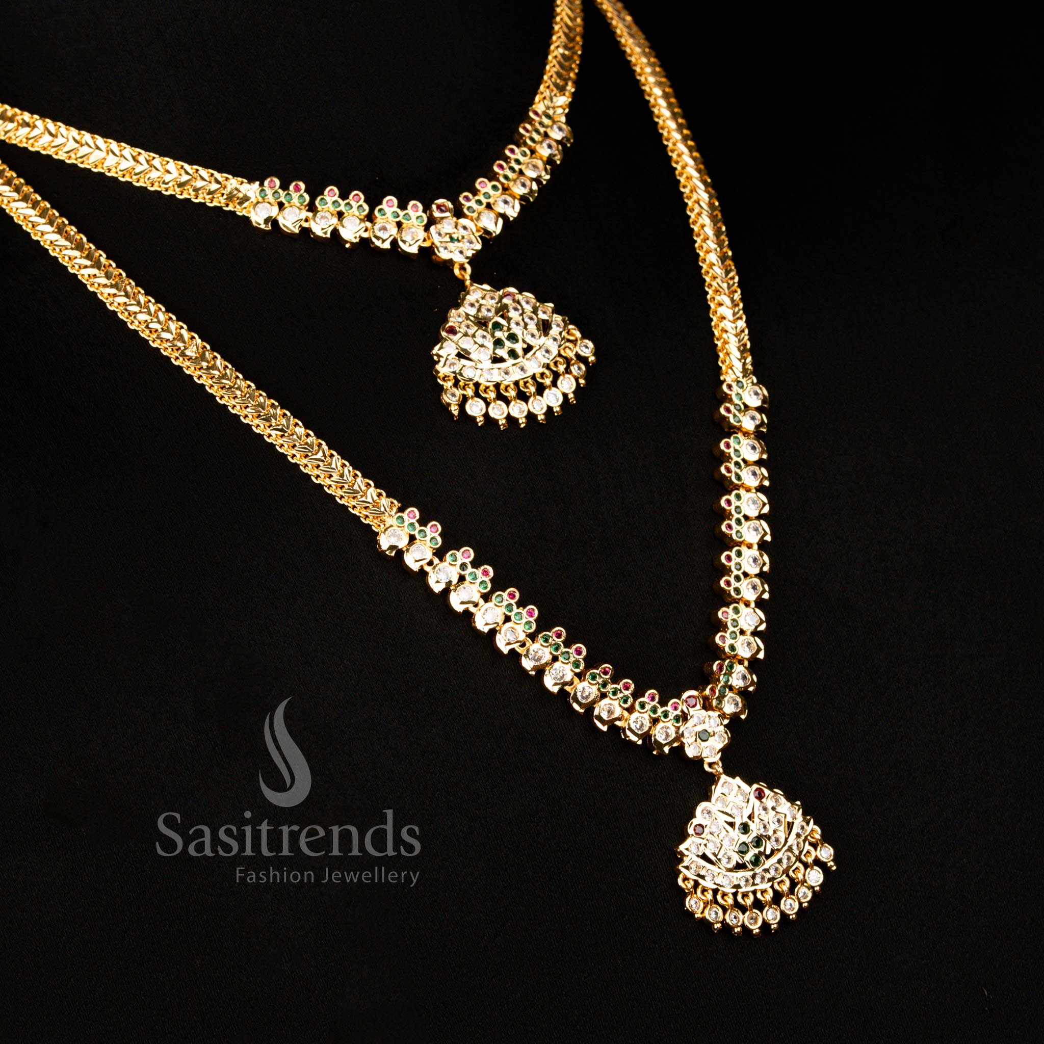 Guaranteed Impon Addigai Micro Gold Plated Short Long Combo Necklace Jewellery Set with Floral Dome for Traditional Wear - Image 2