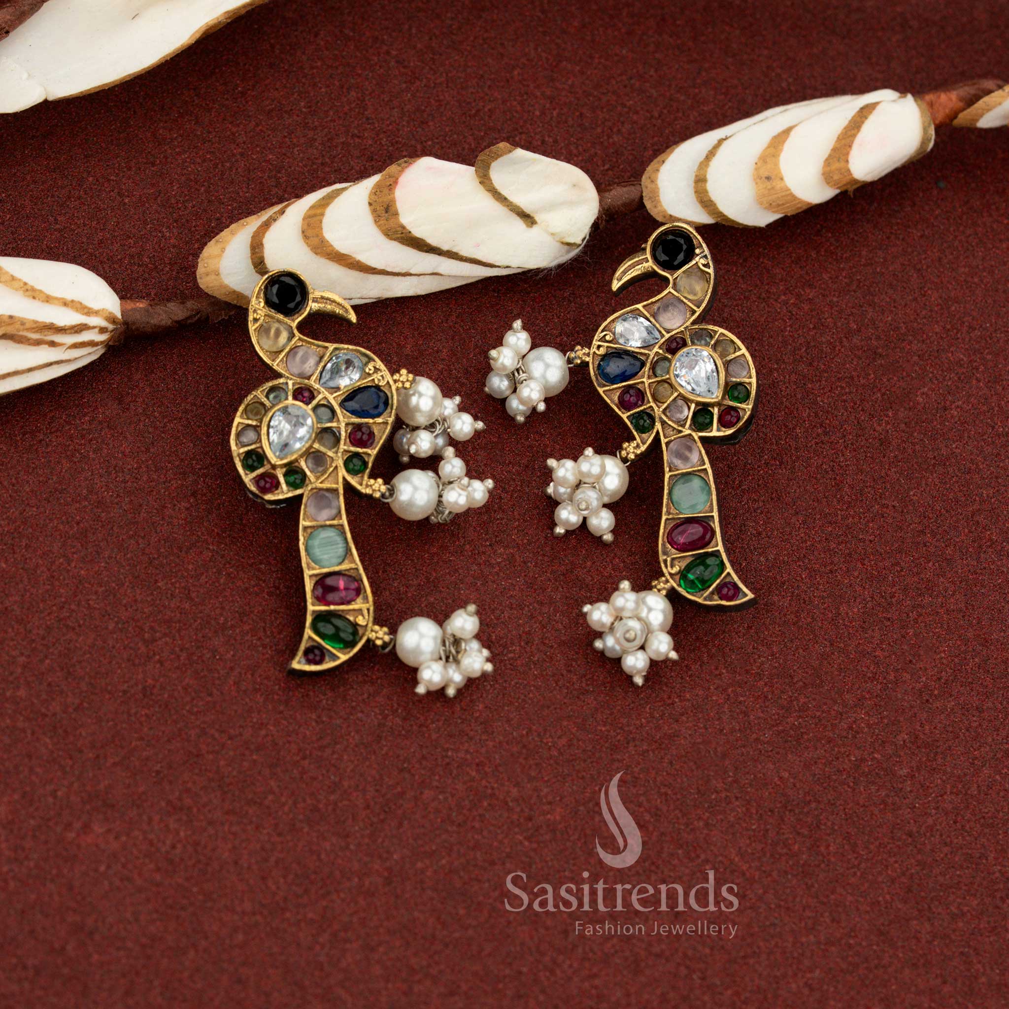 Striking Antique Oxidised Dual-Tone Peacock Pearl Drop Stone Earrings for Evening & Party Wear - Image 4