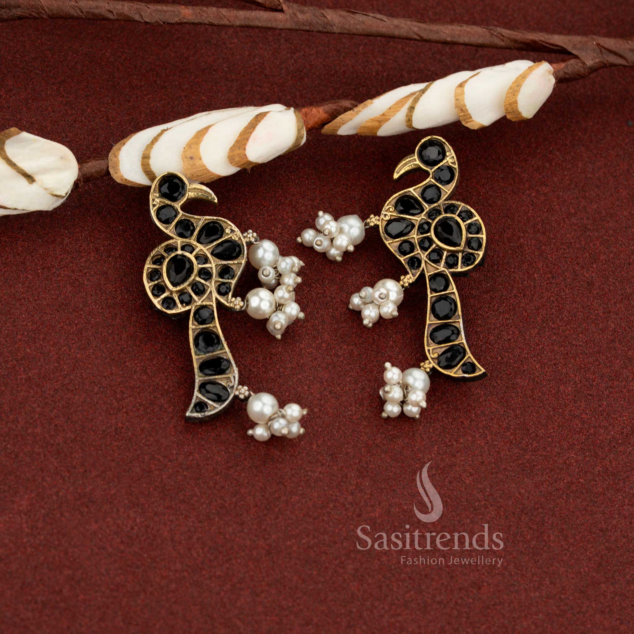 Striking Antique Oxidised Dual-Tone Peacock Pearl Drop Stone Earrings for Evening & Party Wear - Image 6
