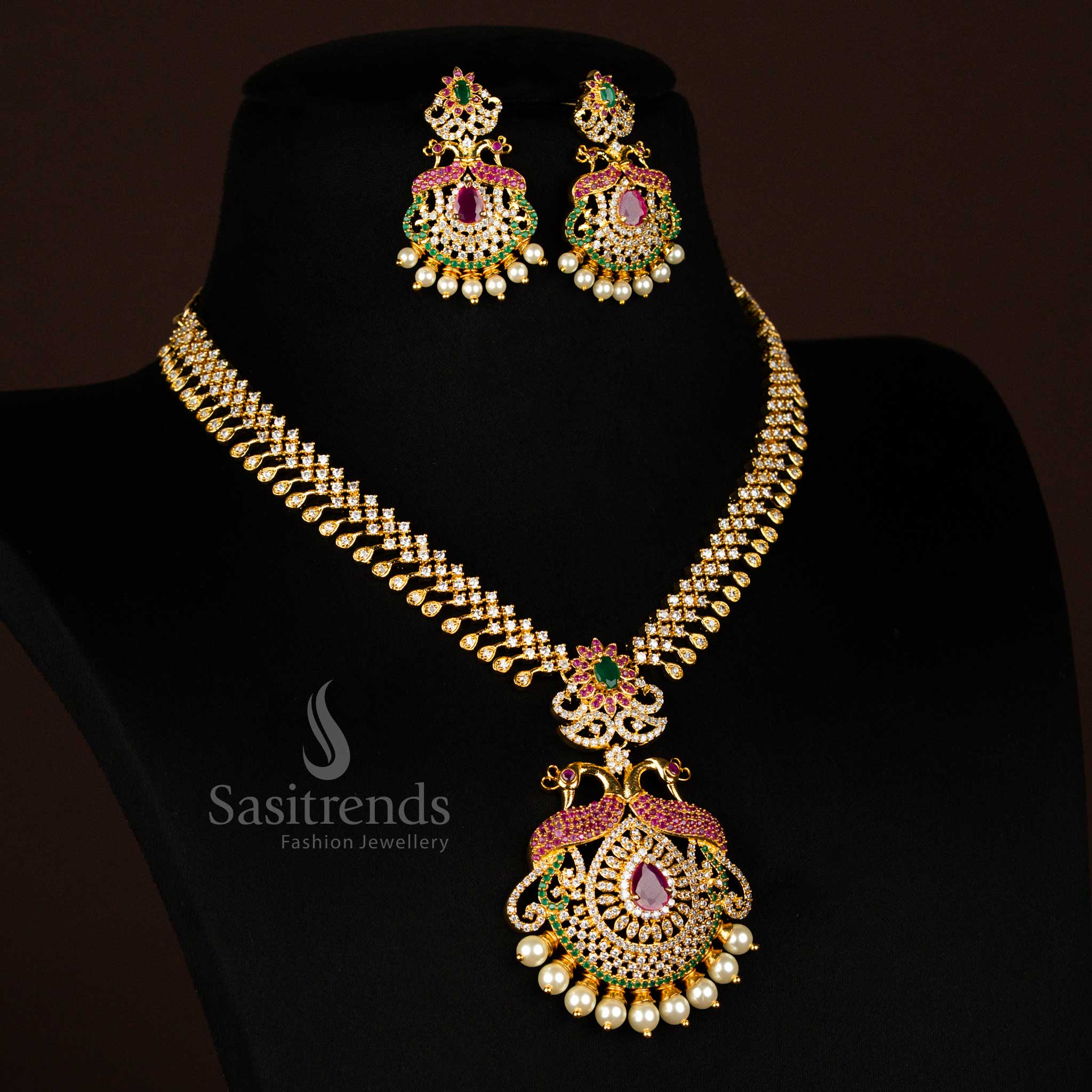Stunning One Gram Gold Micro Plated American Diamond Peacock Short & Long Necklace Jewellery Set - Sasitrends - Image 4