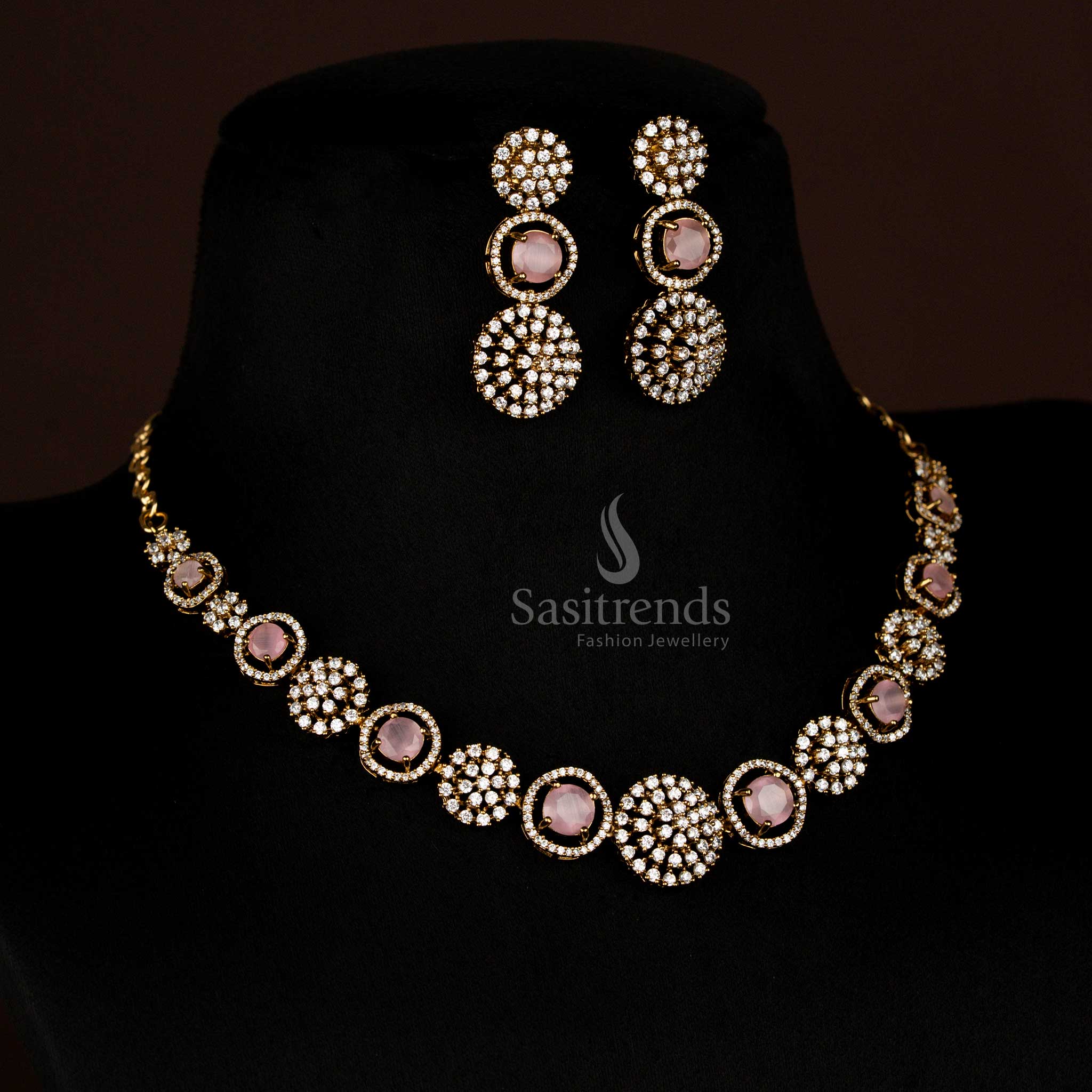 Sparkling American Diamond Circular Floral Victorian Necklace Jewellery Set - Image 10