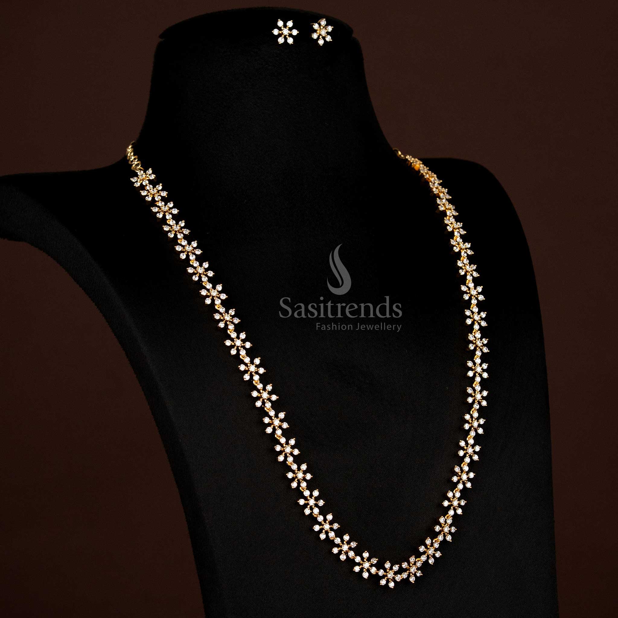 Attractive Party wear American Diamond Silver & Gold Plated Short & Long Floral Necklace Jewellery Set , Hipchain- Sasitrends