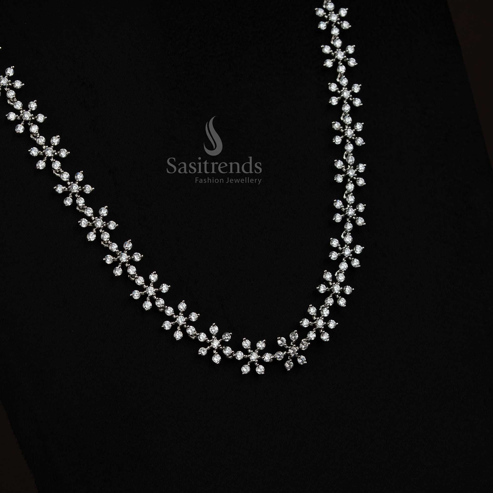 Attractive Party wear American Diamond Silver & Gold Plated Short & Long Floral Necklace Jewellery Set , Hipchain- Sasitrends - Image 14