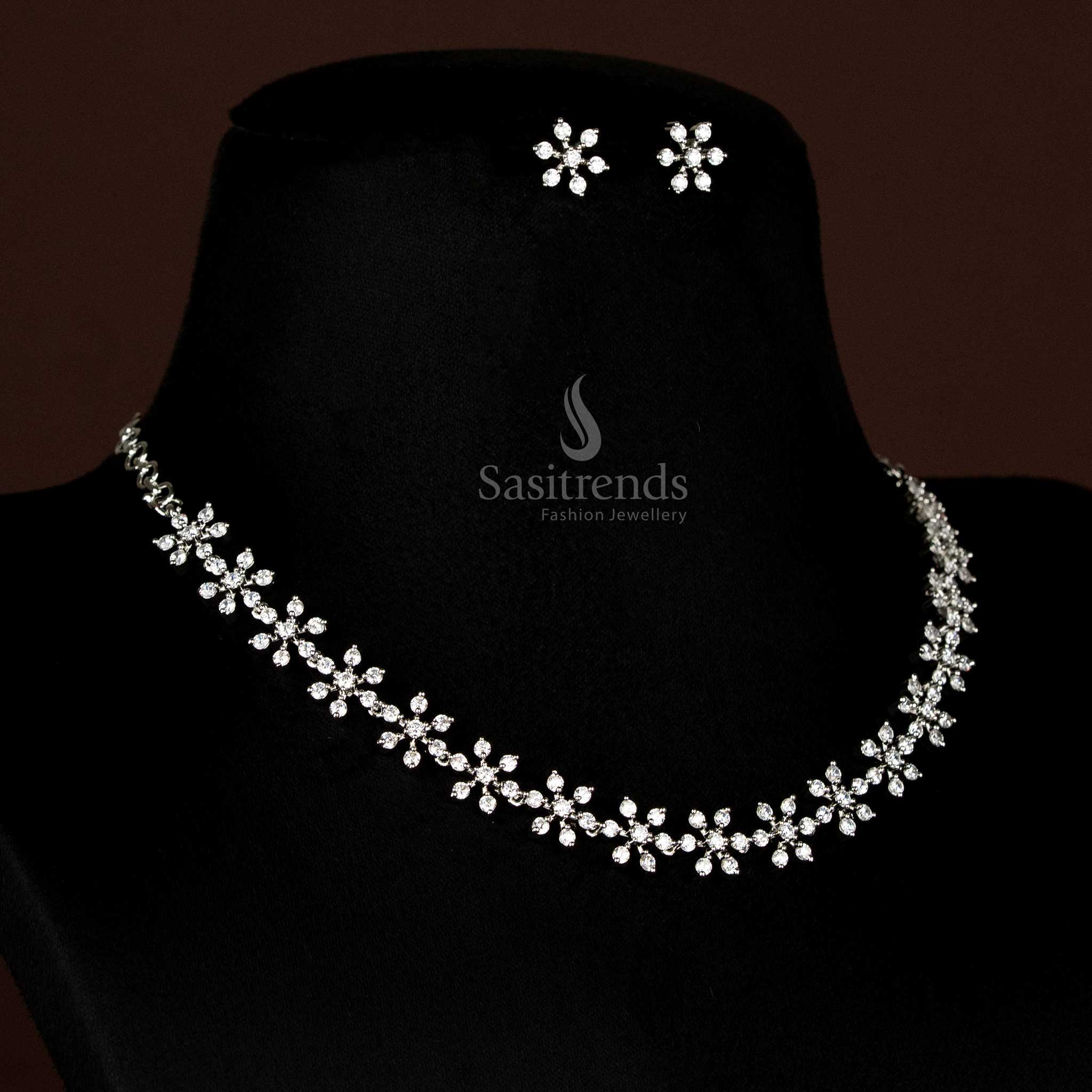 Attractive Party wear American Diamond Silver & Gold Plated Short & Long Floral Necklace Jewellery Set , Hipchain- Sasitrends - Image 3