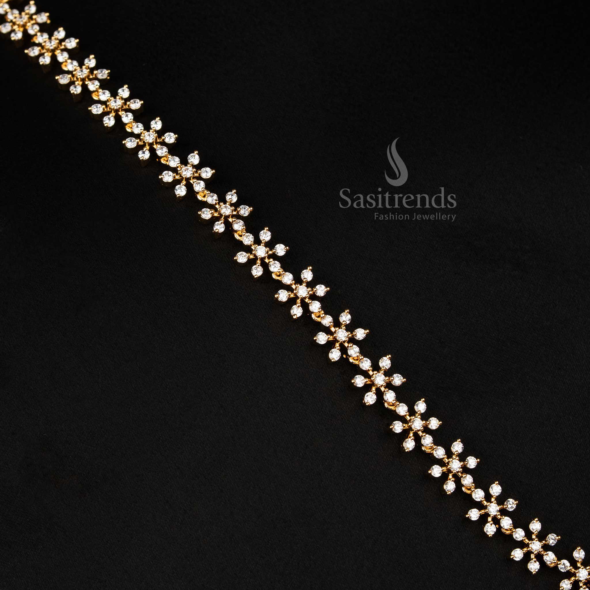 Attractive Party wear American Diamond Silver & Gold Plated Short & Long Floral Necklace Jewellery Set , Hipchain- Sasitrends - Image 6