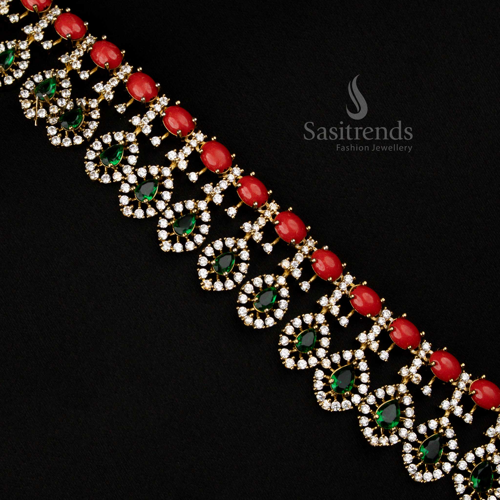 Stunning American Diamond Victorian Leaf & Oval Beautiful Long Necklace Jewellery Set - Image 3