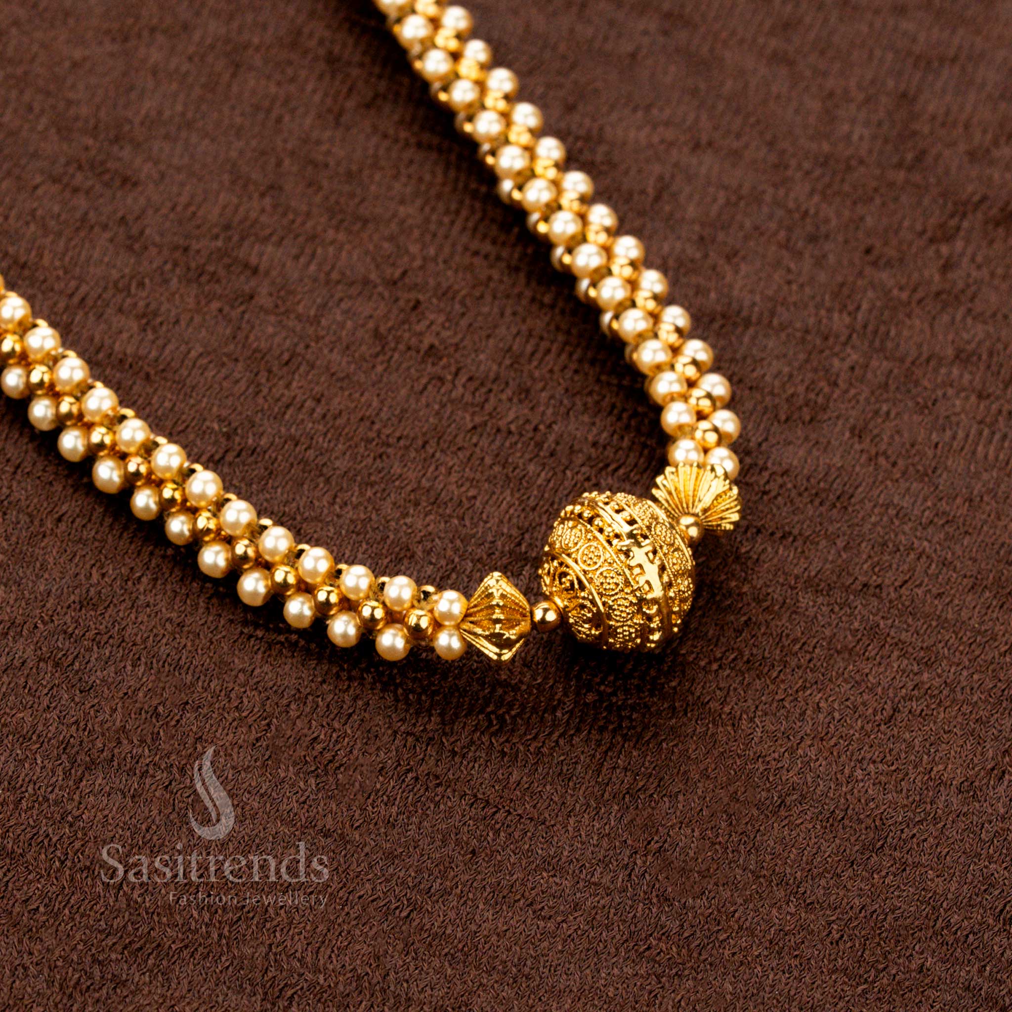 Antique Gold Plated Pearl and Gold Ball Necklace with Earrings – Traditional Temple Jewellery by Sasitrends - Image 2