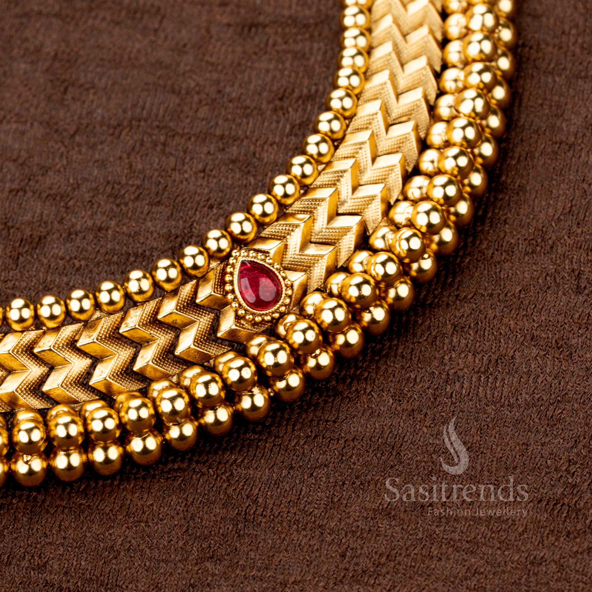 Antique Gold Plated Designer Necklace Jewellery Set with Textured Chevron Pattern and Bold Bead Detailing – Traditional Wear - Sasitrends - Image 6
