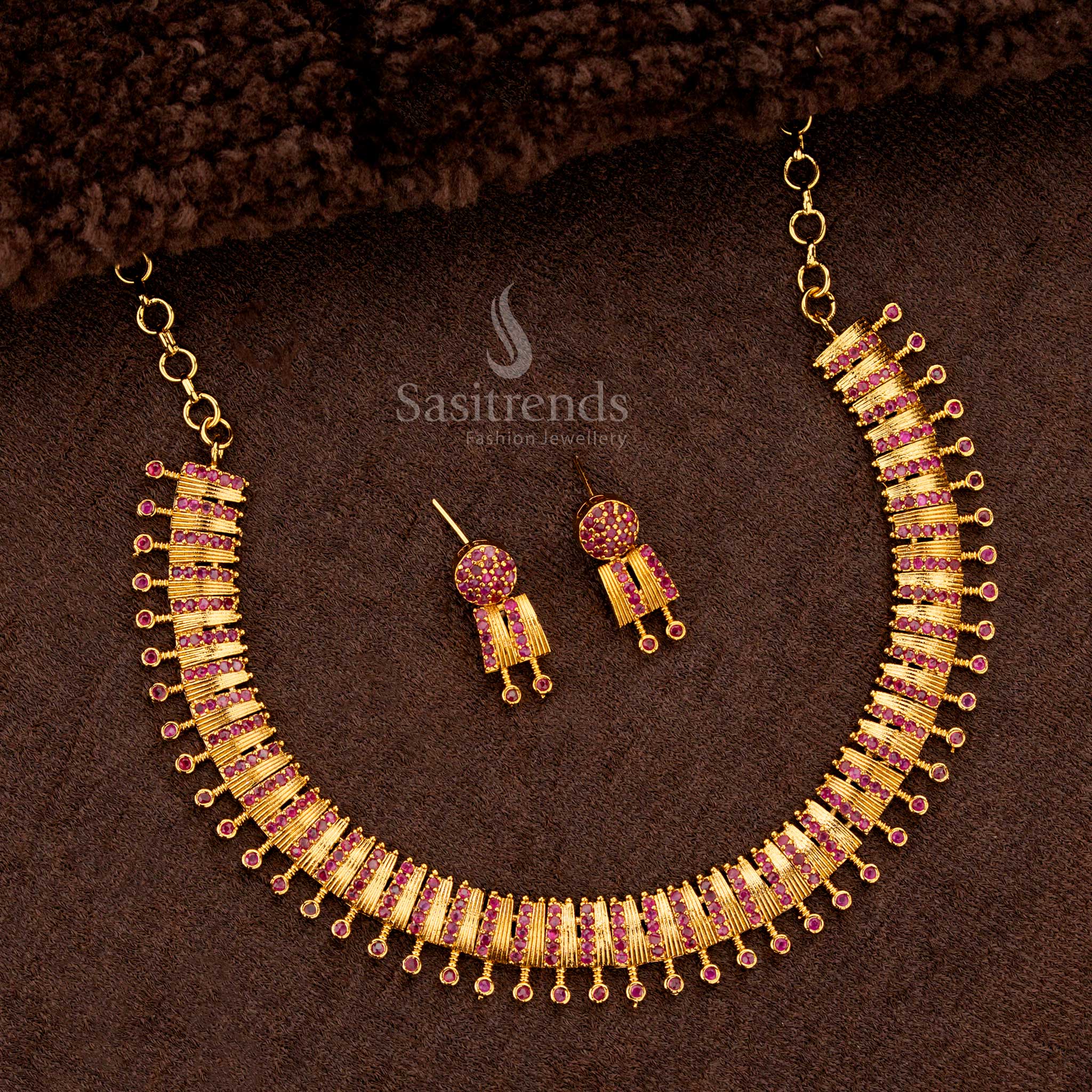 Stunning Premium Temple American Diamond Matte Gold Plated Ruby Necklace Jewellery Sets for Bridal, Wedding & Traditional Temple Wear - Sasitrends