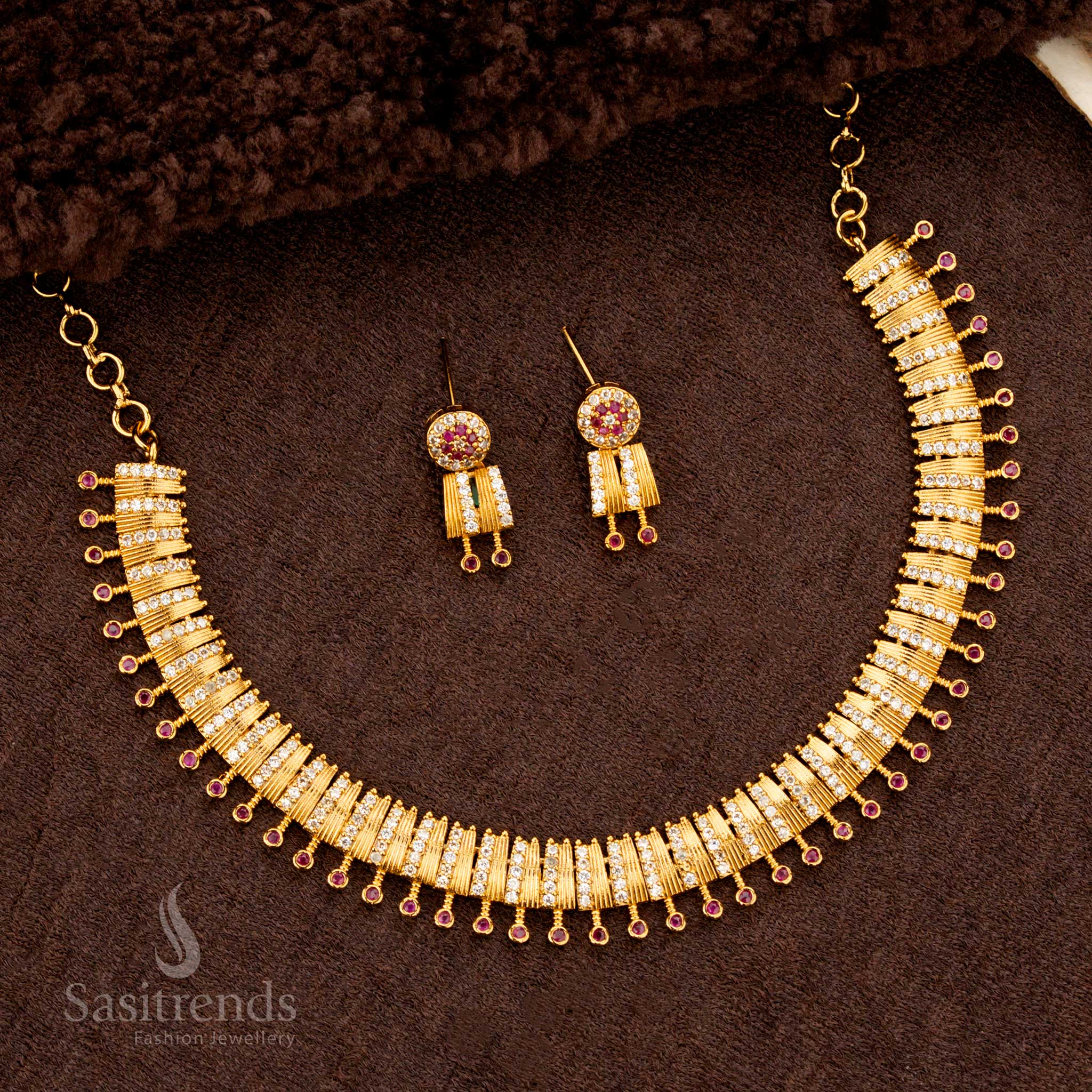 Stunning Premium Temple American Diamond Matte Gold Plated Ruby Necklace Jewellery Sets for Bridal, Wedding & Traditional Temple Wear - Sasitrends - Image 3