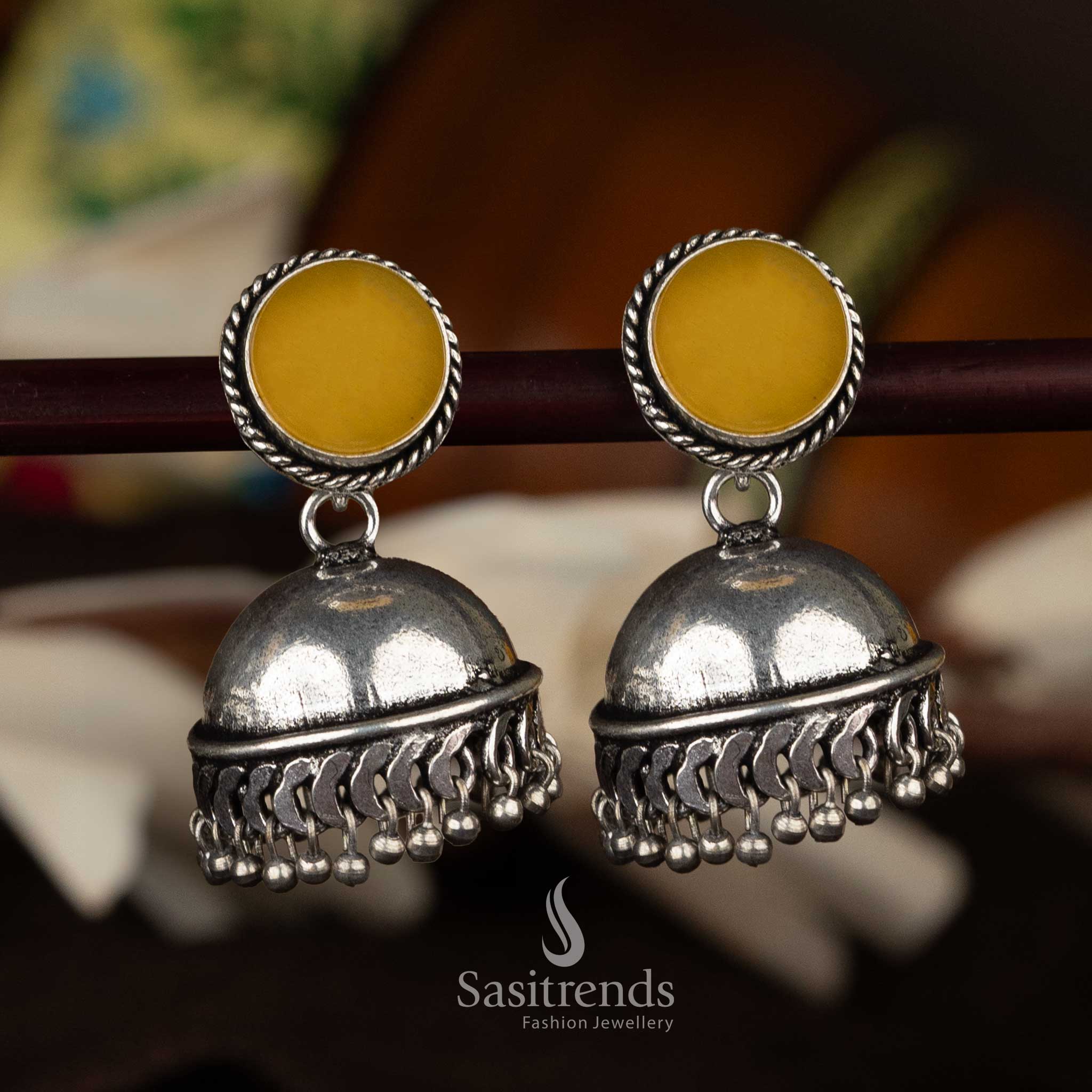 Classic Oxidised Silver Dome Jhumka Earrings with Round Stone Top - Sasitrends - Image 7