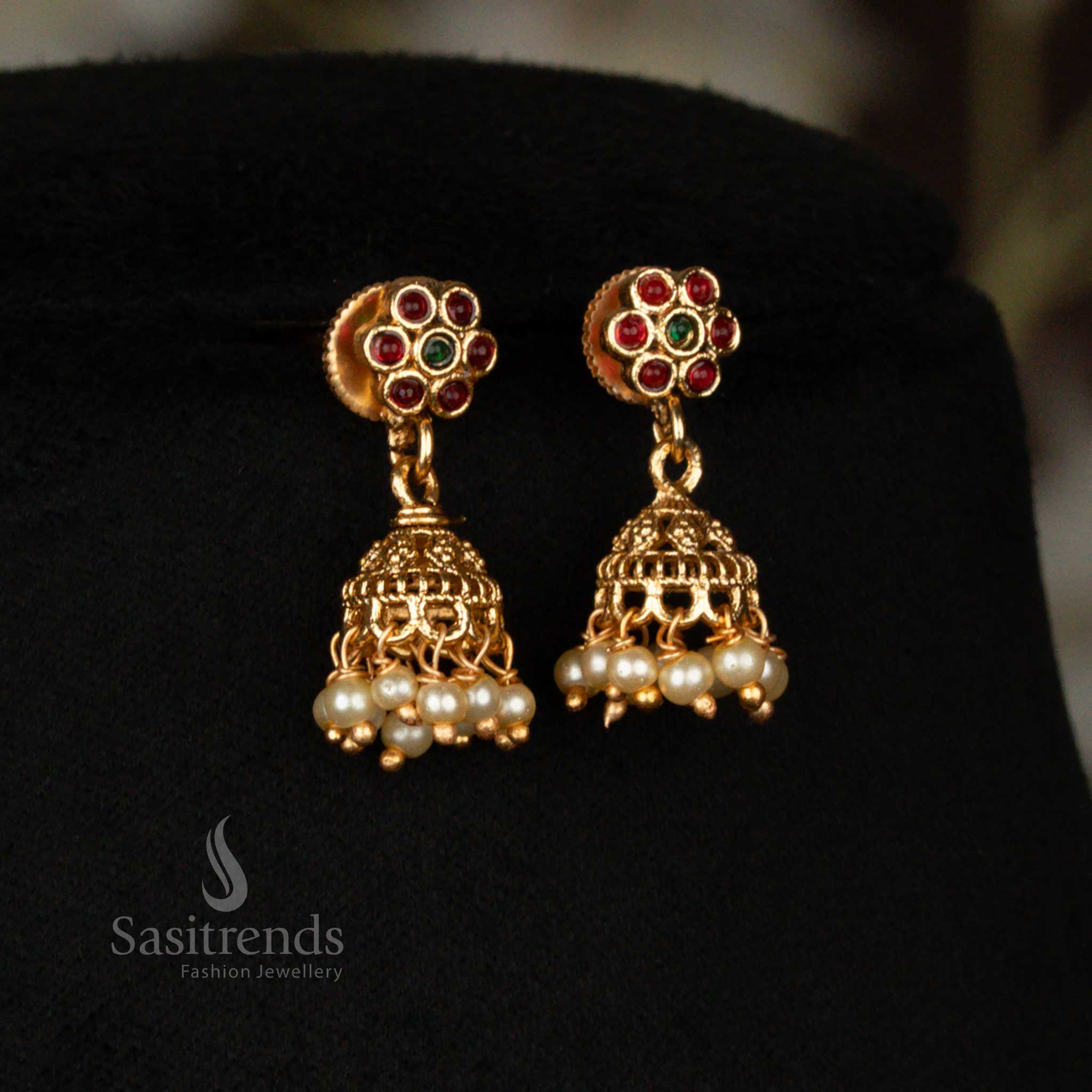 Amazing Classic Matte Gold Plated Floral Hanging Beads Necklace Jewellery Set for Traditional Temple and Saree Wear – Budget Friendly Bridal Jewellery - Sasitrends - Image 2