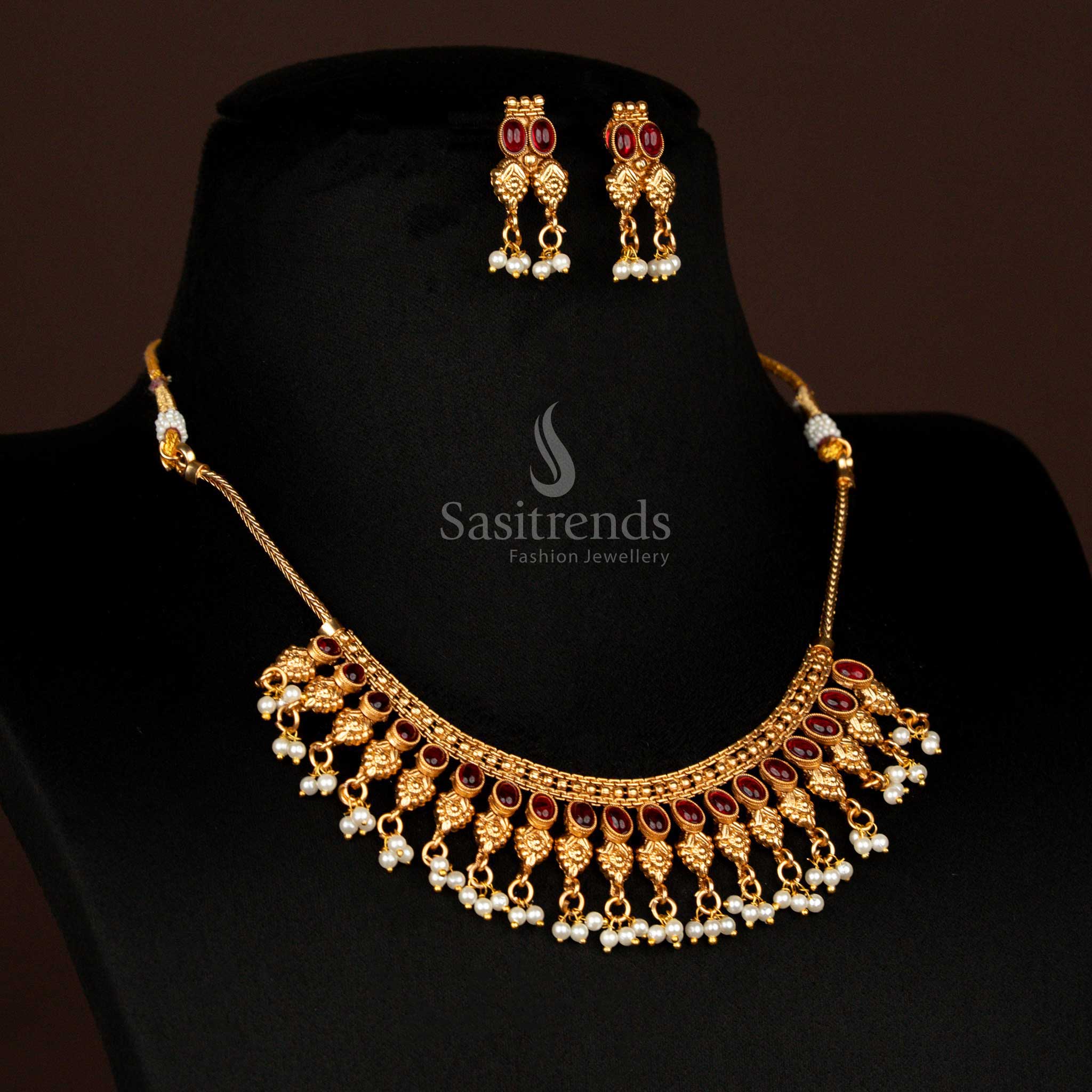 Classic Matte Gold Plated Floral Motif Necklace Jewellery Set with Embossed Leaf Drop Pattern and Beaded Hangings – Perfect Temple Jewellery for Bridal and Festive Wear - Sasitrends - Image 2