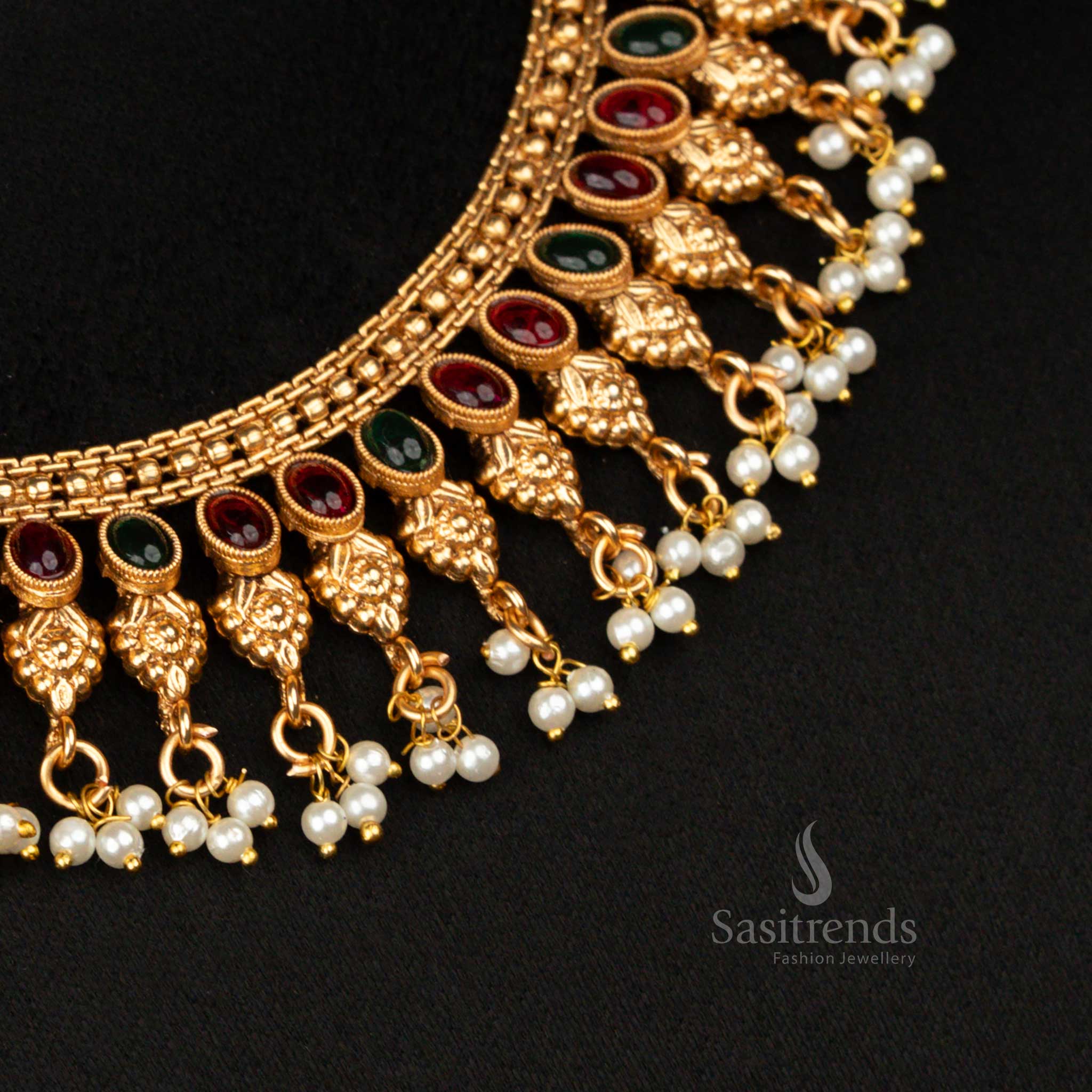 Classic Matte Gold Plated Floral Motif Necklace Jewellery Set with Embossed Leaf Drop Pattern and Beaded Hangings – Perfect Temple Jewellery for Bridal and Festive Wear - Sasitrends - Image 3