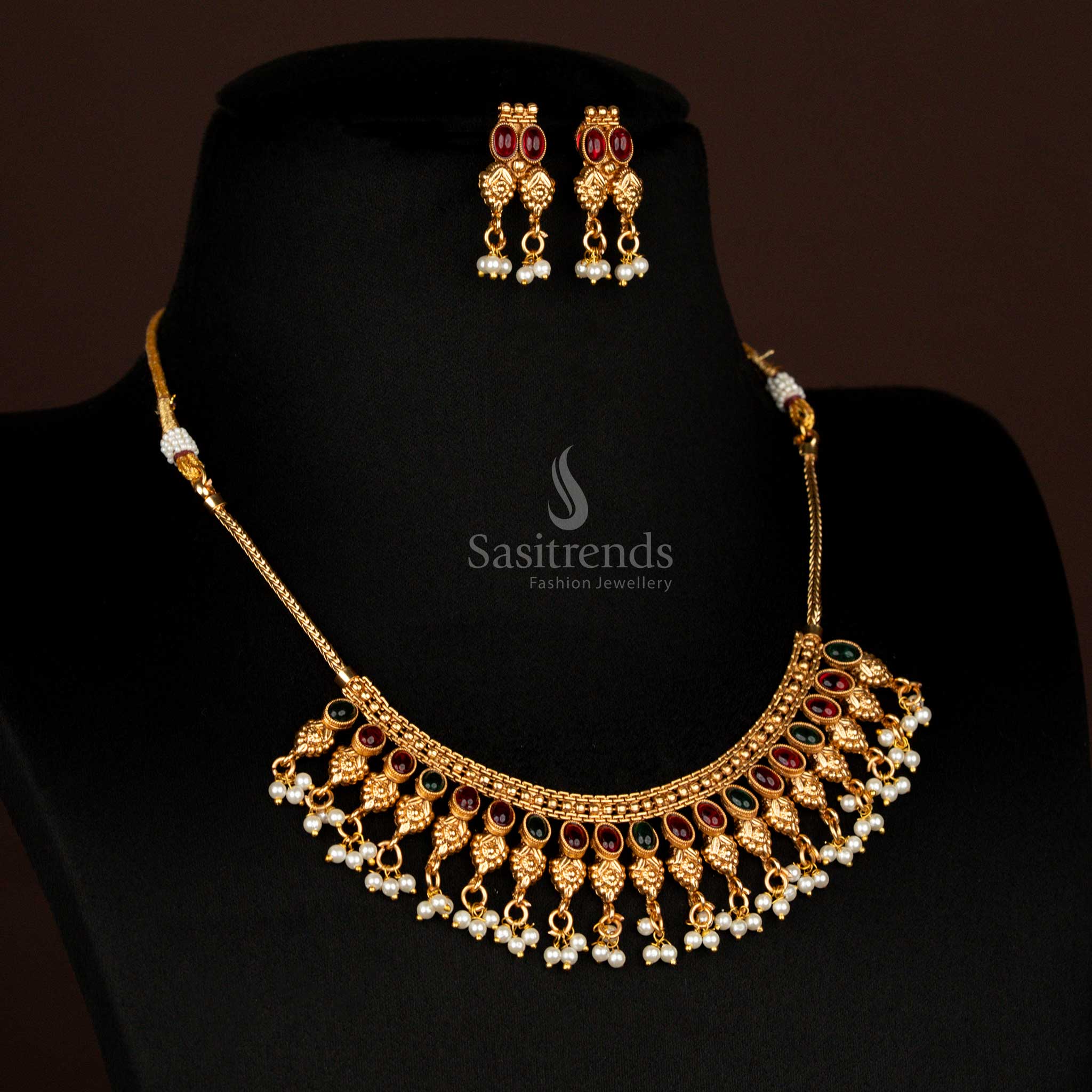 Classic Matte Gold Plated Floral Motif Necklace Jewellery Set with Embossed Leaf Drop Pattern and Beaded Hangings – Perfect Temple Jewellery for Bridal and Festive Wear - Sasitrends - Image 4