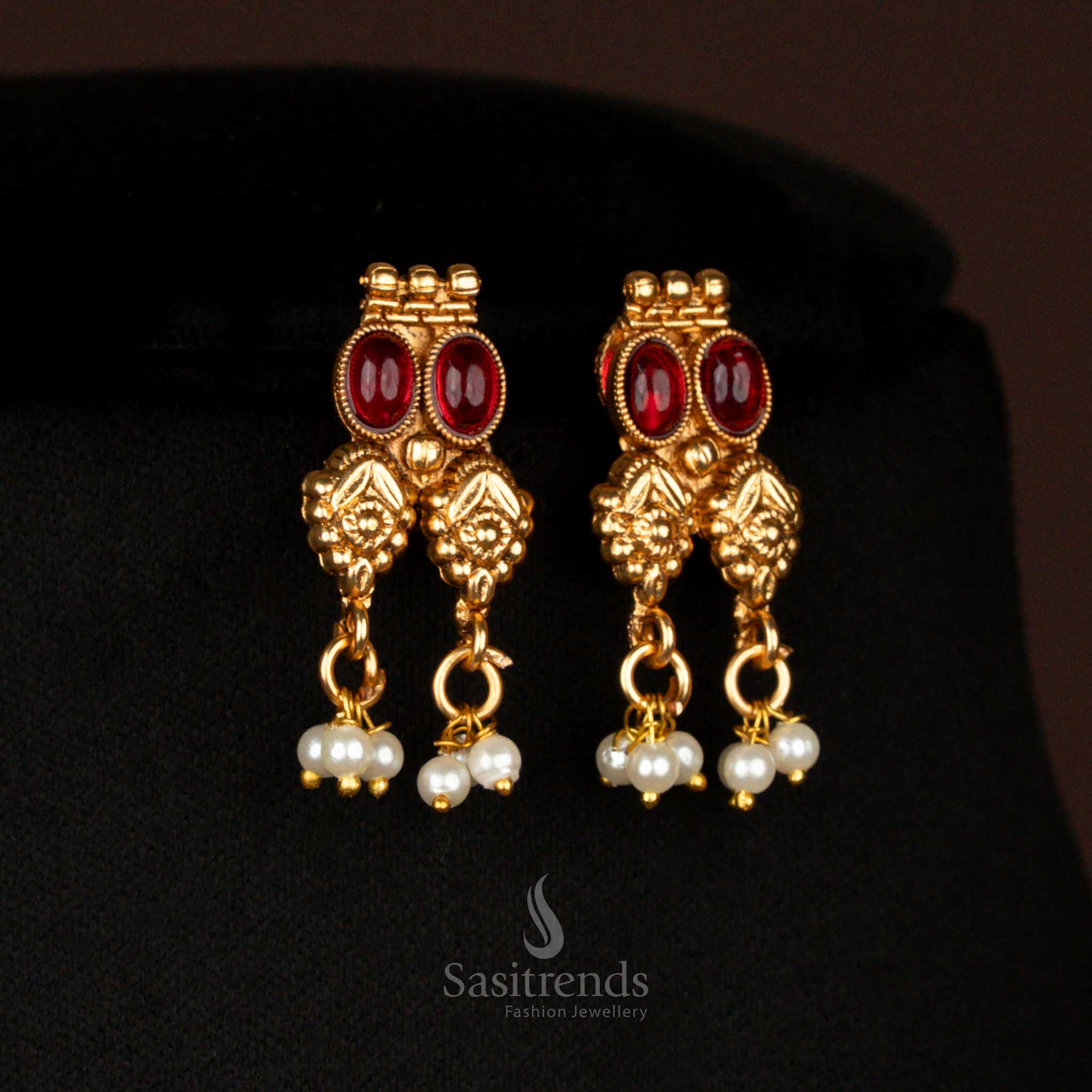 Classic Matte Gold Plated Floral Motif Necklace Jewellery Set with Embossed Leaf Drop Pattern and Beaded Hangings – Perfect Temple Jewellery for Bridal and Festive Wear - Sasitrends - Image 5
