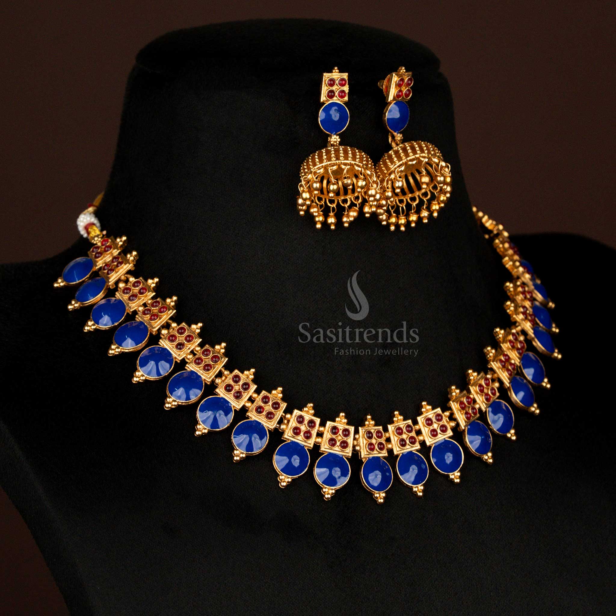 Stunning Classic Matte Gold Plated Round Glass Temple Style Necklace Jewellery Set with Jhumka Earrings – Wedding & Saree Wear - Sasitrends - Image 4