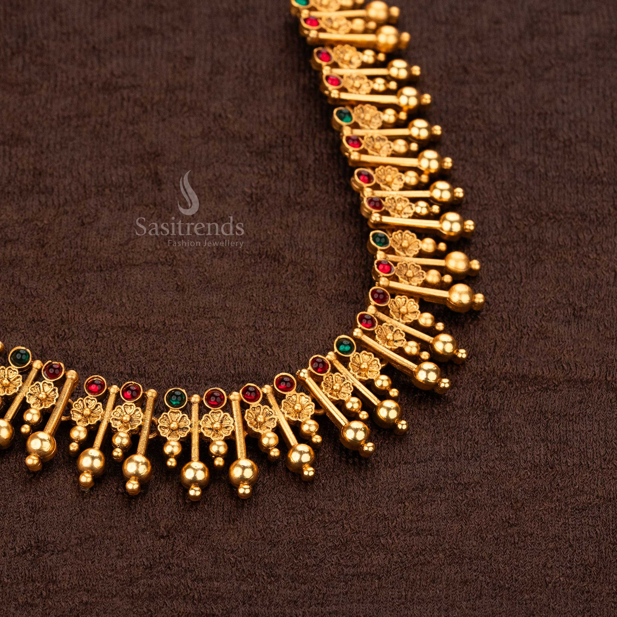 Bridal Wear Classic Temple Matte Gold Plated Necklace Jewellery Set with Floral Motifs and Earrings - Sasitrends - Image 2