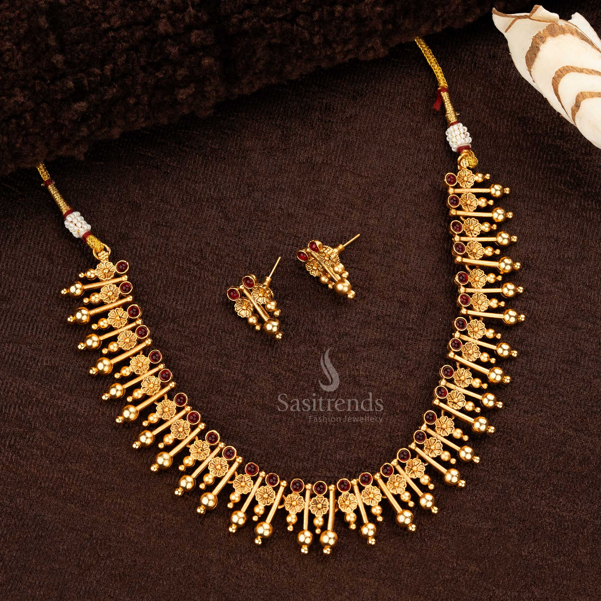 Bridal Wear Classic Temple Matte Gold Plated Necklace Jewellery Set with Floral Motifs and Earrings - Sasitrends - Image 6