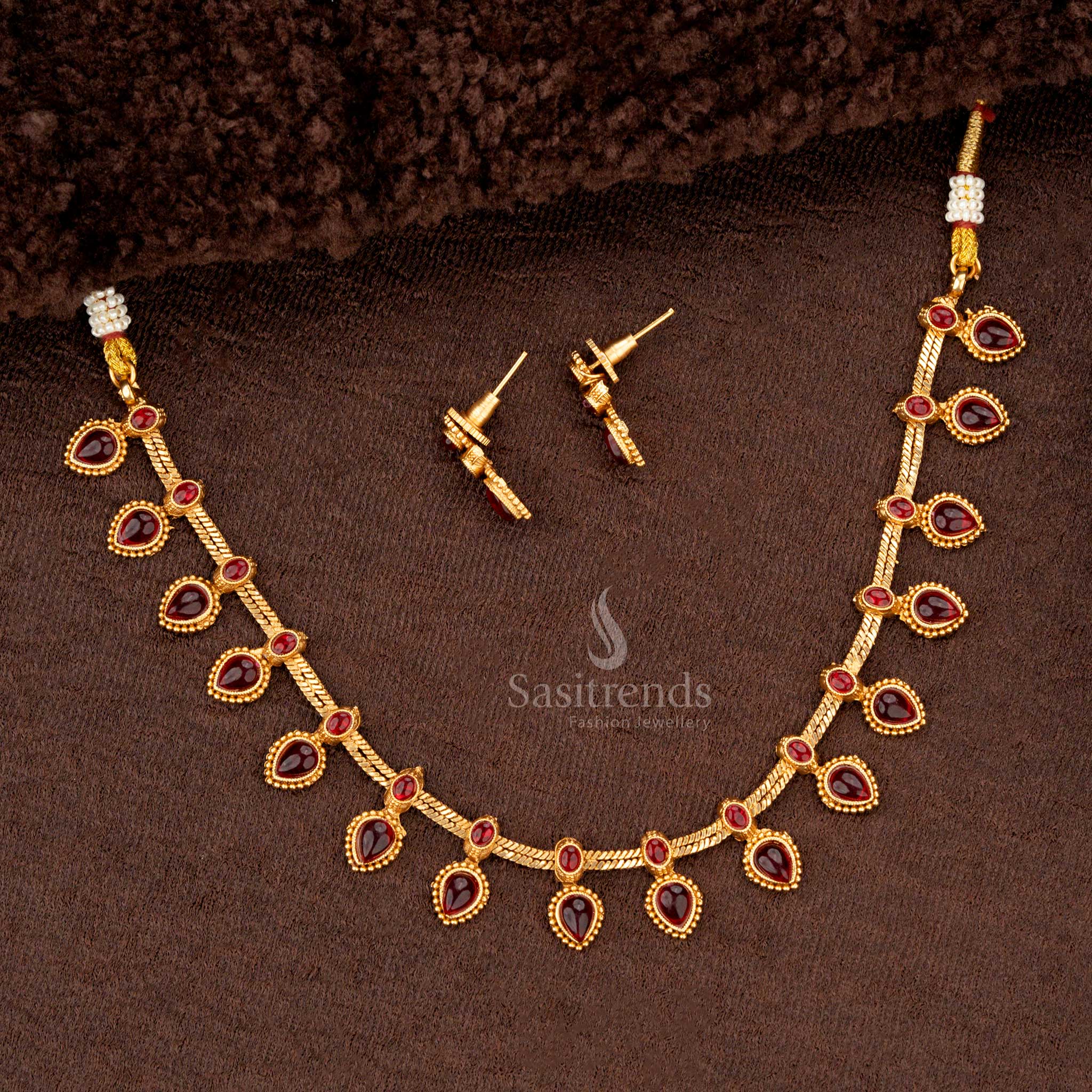 Traditional Classic Temple Matte Gold-Plated Necklace Jewellery Set with Drop Motifs and Stone Accents - Sasitrends - Image 2
