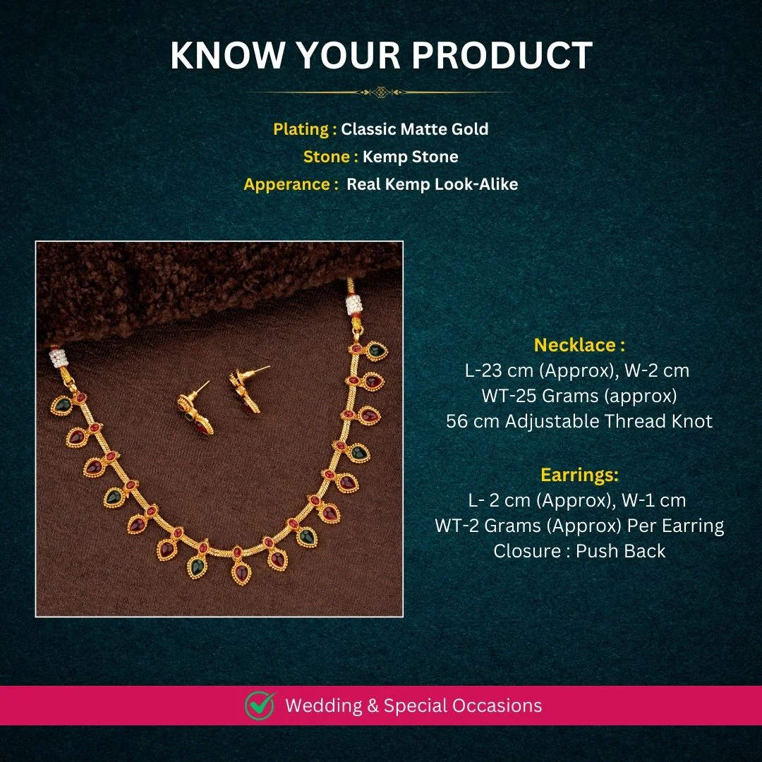 Traditional Classic Temple Matte Gold-Plated Necklace Jewellery Set with Drop Motifs and Stone Accents - Sasitrends - Image 6
