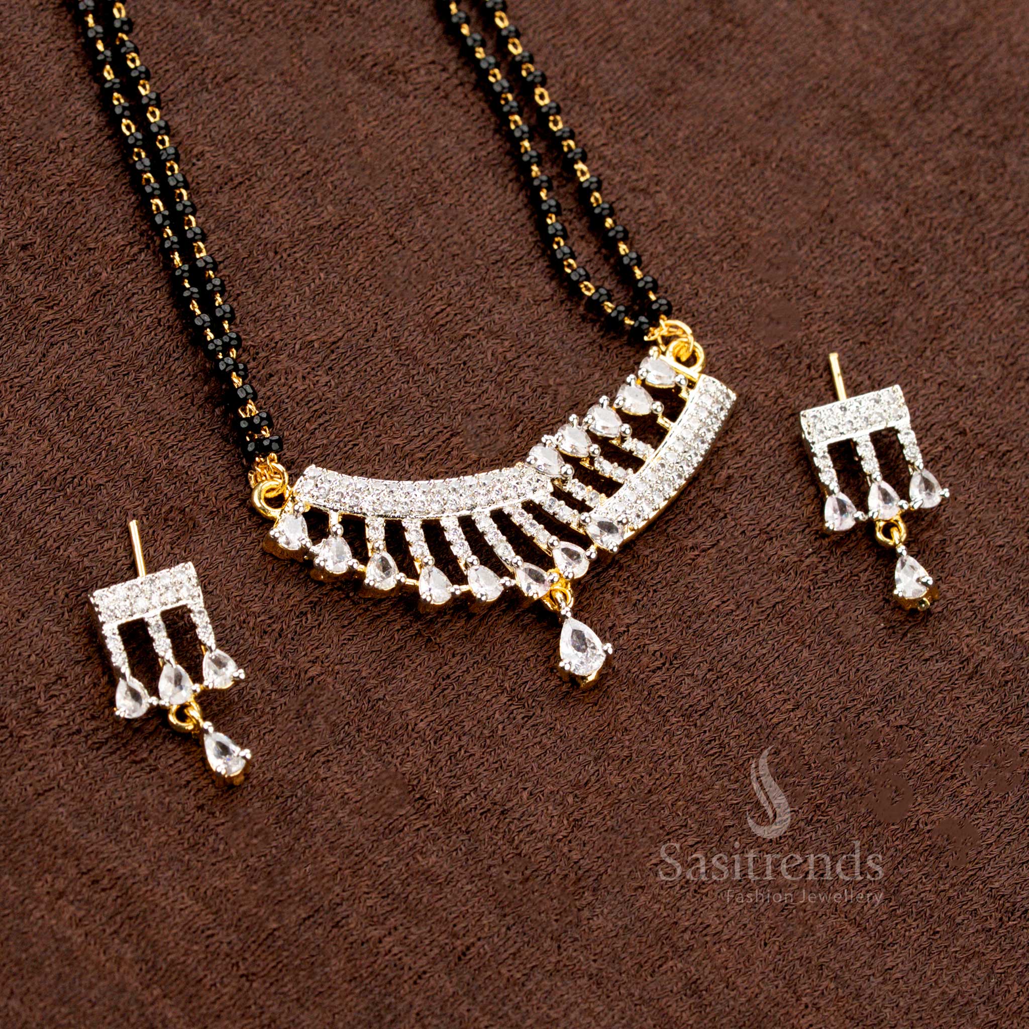 Gorgeous Collection of American Diamond Pendant Set with Mangalsutra Chain and Matching Earrings - Sasitrends - Image 14