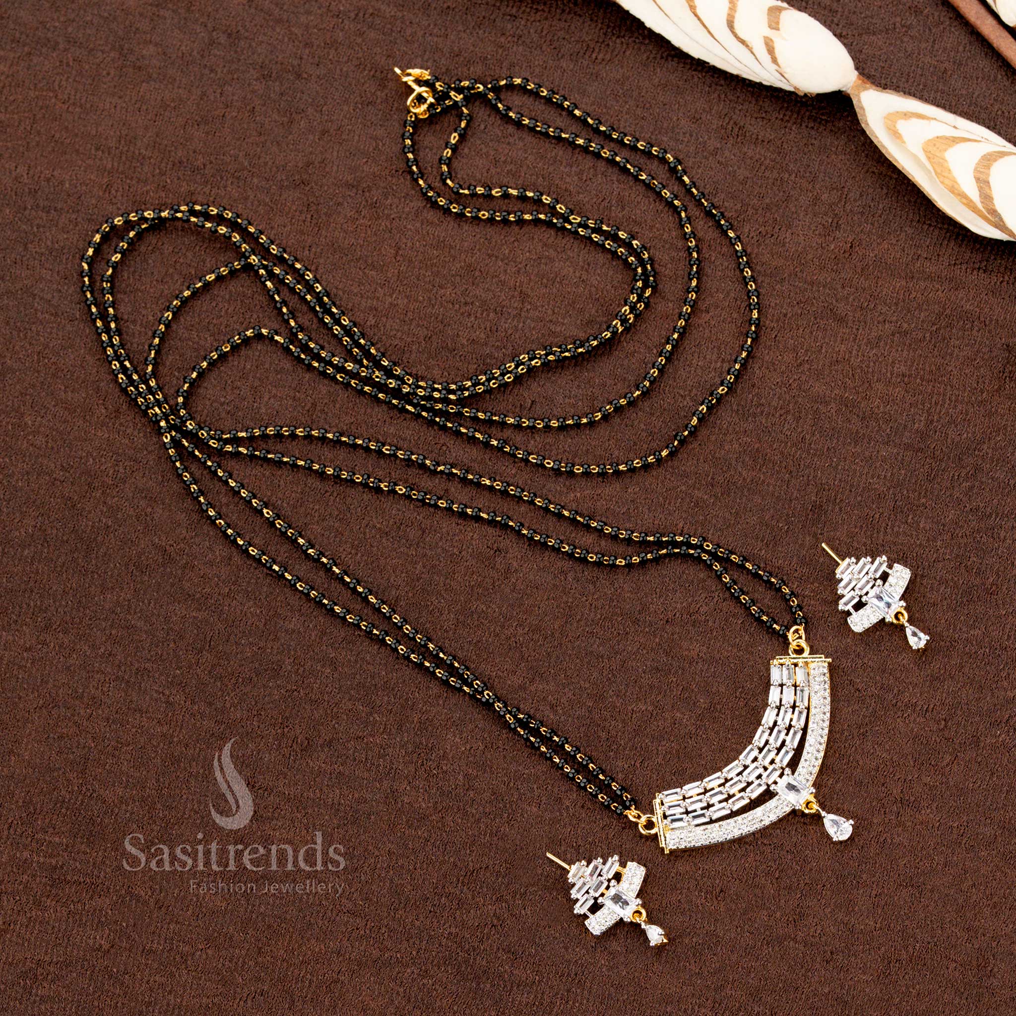 Gorgeous Collection of American Diamond Pendant Set with Mangalsutra Chain and Matching Earrings - Sasitrends - Image 22