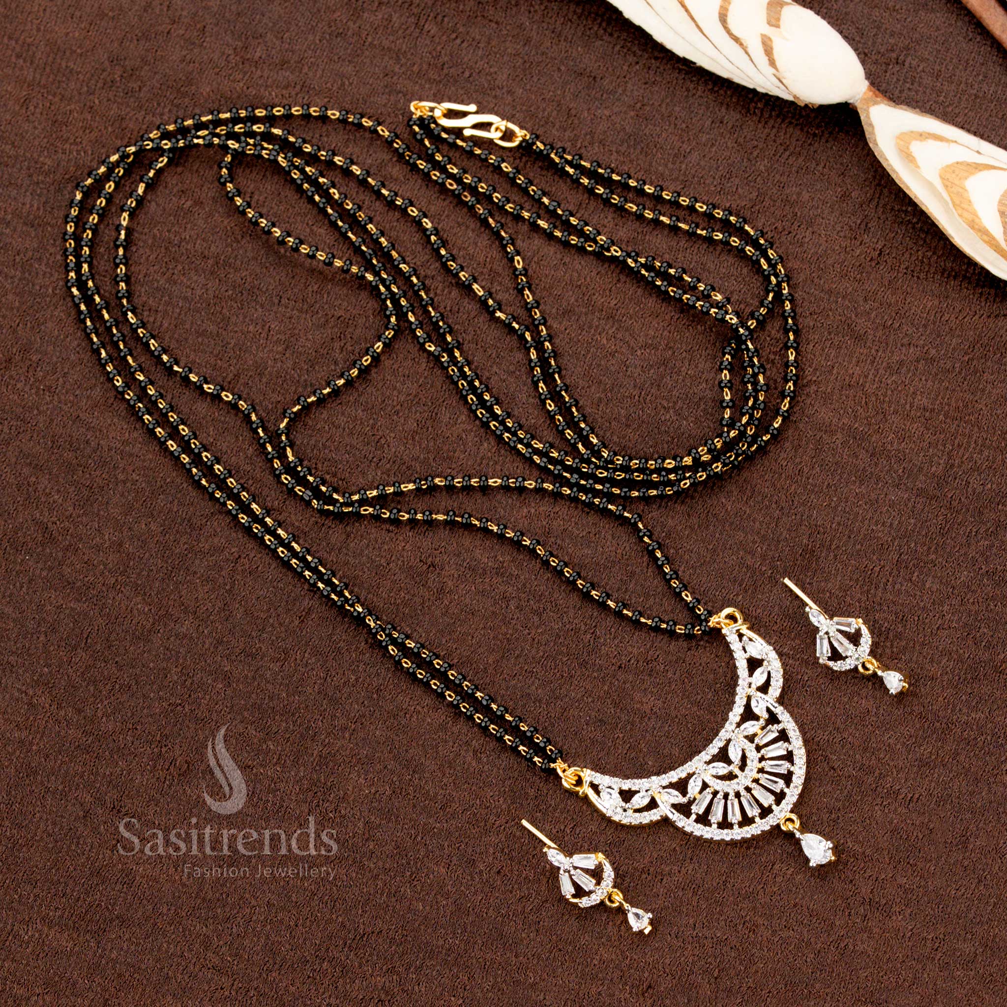 Gorgeous Collection of American Diamond Pendant Set with Mangalsutra Chain and Matching Earrings - Sasitrends - Image 9