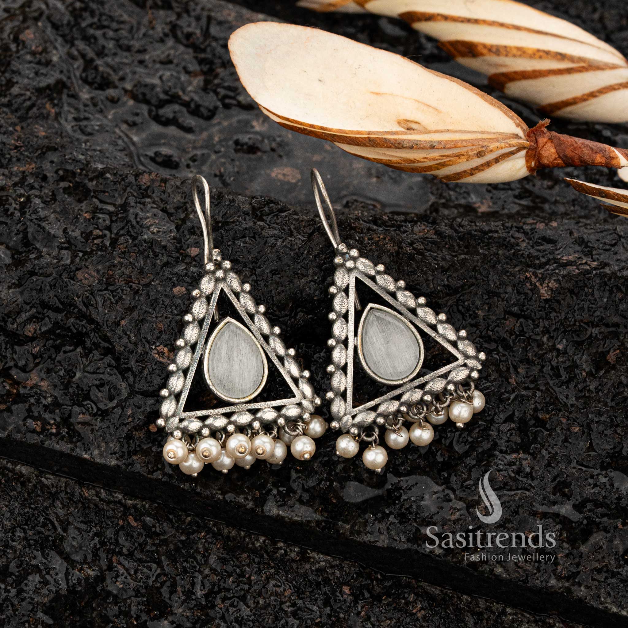 Elegant Oxidised Silver Triangle Earrings with Pear Drop Stones and Bead Dangling - Sasitrends - Image 5