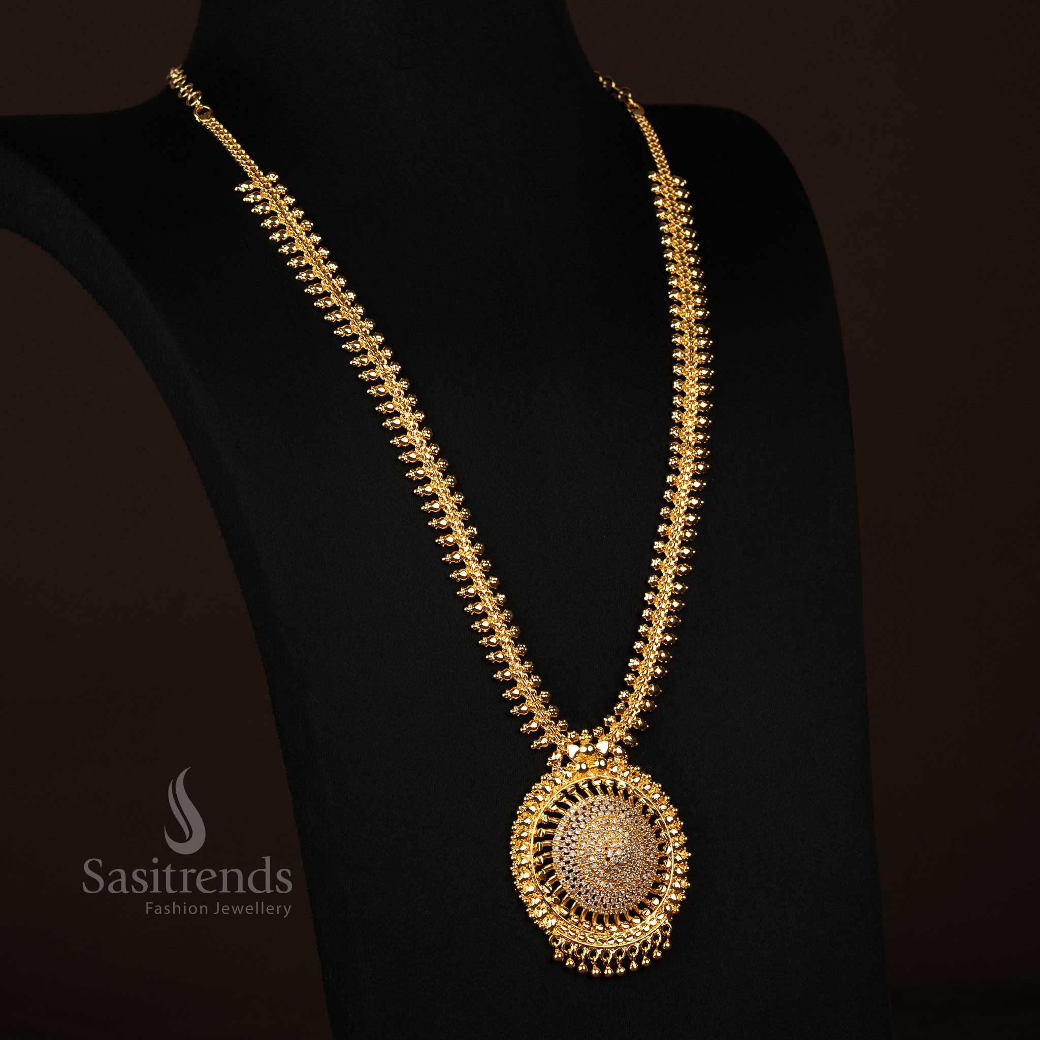 Gorgeous Micro Gold Plated One Gram Traditional Long Necklace with Intricate Round Spiral Pendant and Beaded Chain Design – Guaranteed, Using 24 Carat Pure Gold Look Like Real Gold -Sasitrends