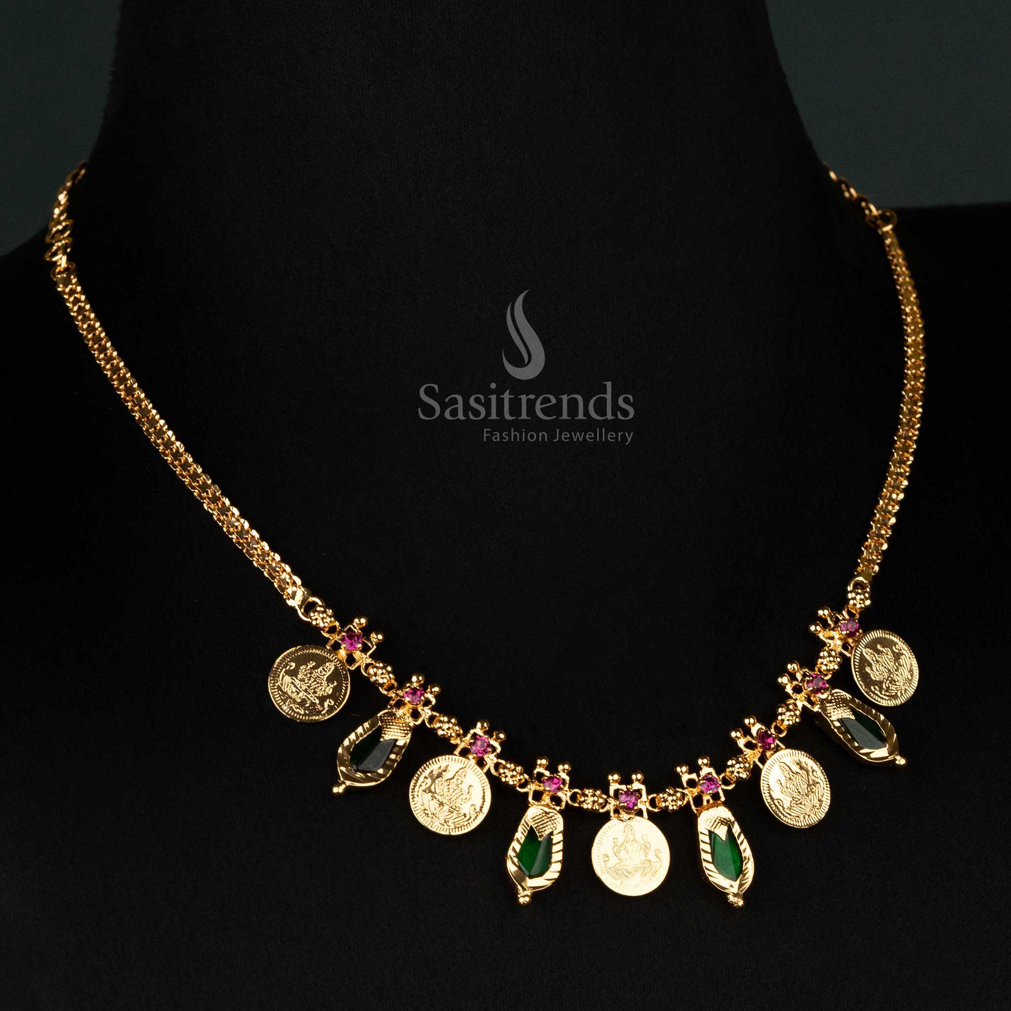 Stunning Kerala Traditional Micro Gold Plated 5 Lakshmi Coin & 4 Katta Palakka Necklace - Sasitrends