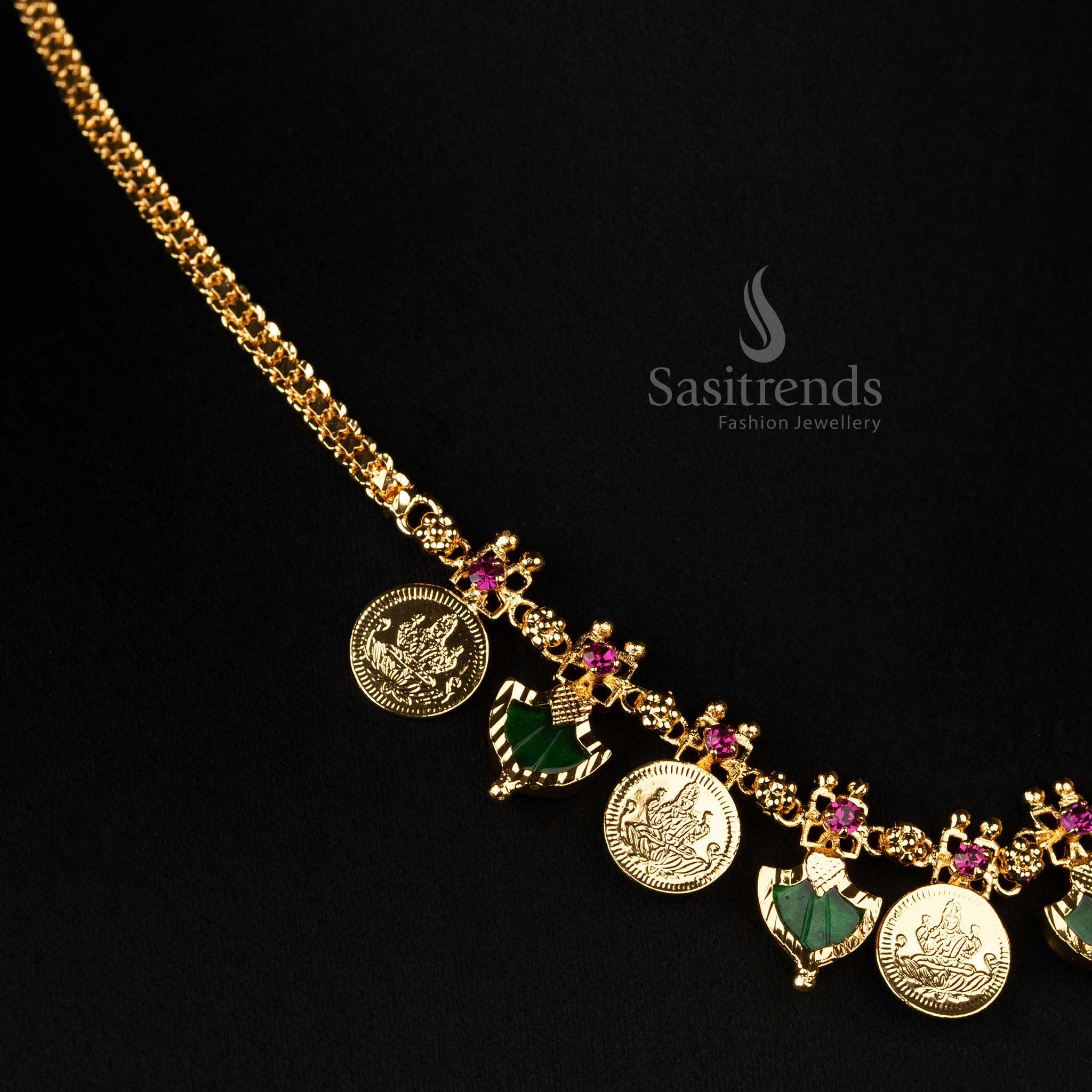 Stunning Kerala Traditional Micro Gold Plated 5 Lakshmi Coin & 4 Katta Palakka Necklace - Sasitrends - Image 3